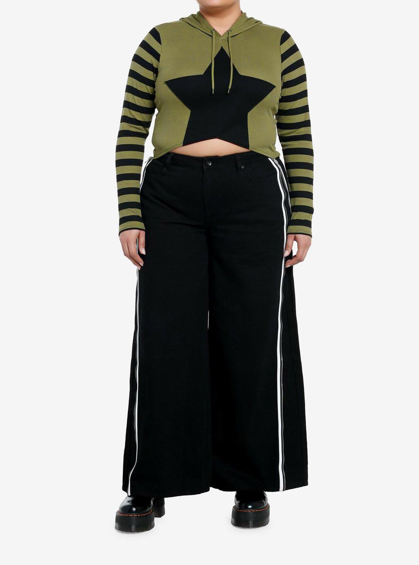 Social Collision Black & Green Stripe Star Girls Crop Hoodie Plus Size, , hi-res