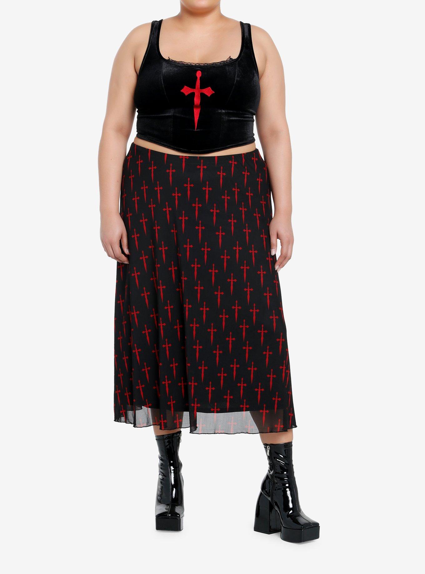 Social Collision Red Dagger Cross Velvet Lace-Up Girls Top Plus Size, RED, alternate