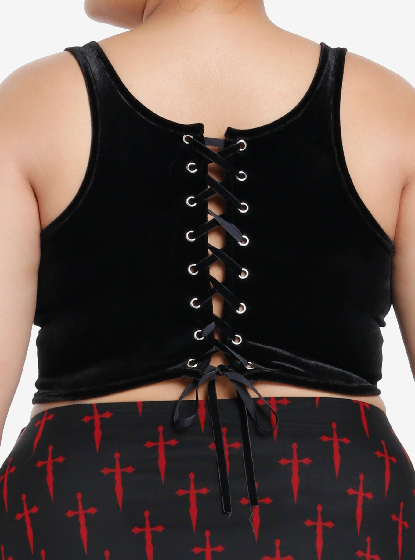 Social Collision Red Dagger Cross Velvet Lace-Up Girls Top Plus Size, RED, alternate