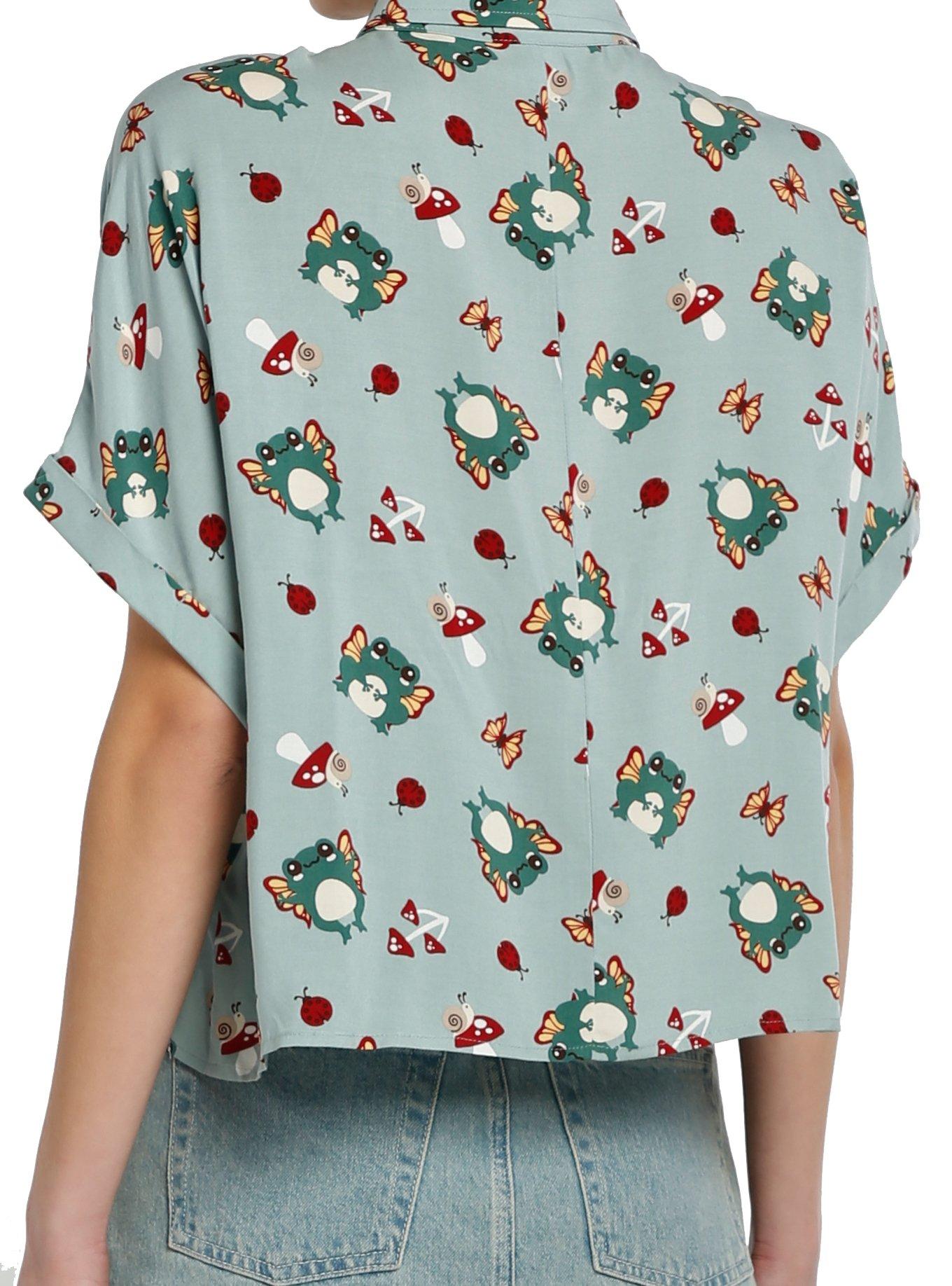 Thorn & Fable Chibi Frog Fairies Girls Woven Button-Up, SAGE, alternate