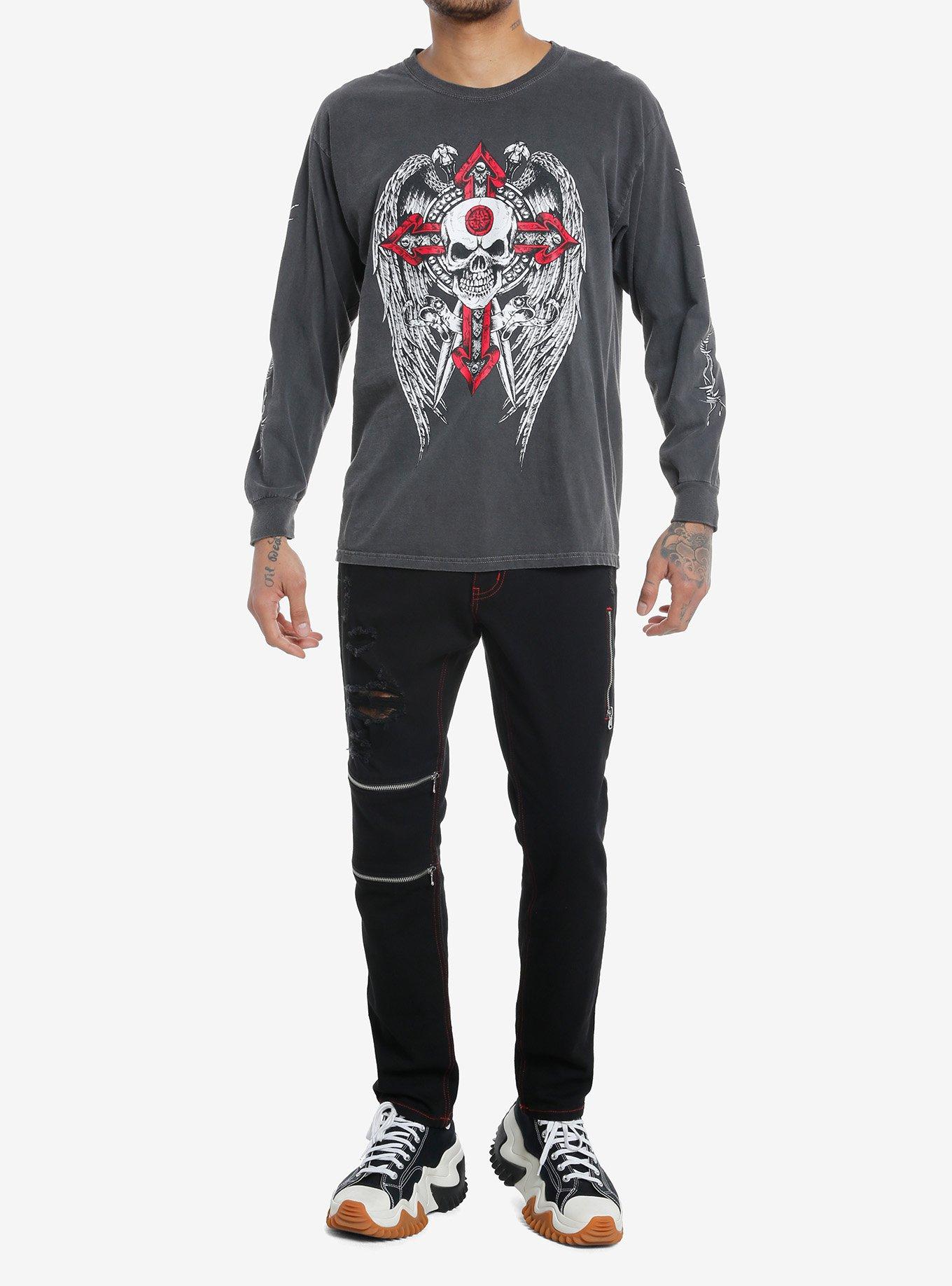 Winged Skull Cross Long-Sleeve T-Shirt, RED, alternate