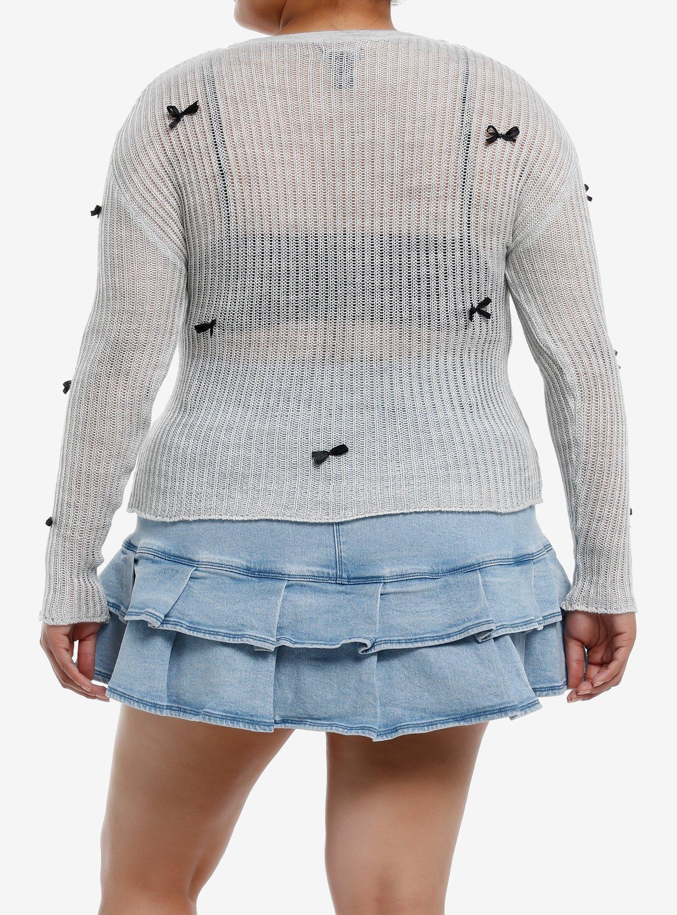 Grey Black Bow Girls Knit Sweater Plus Size, GREY, alternate