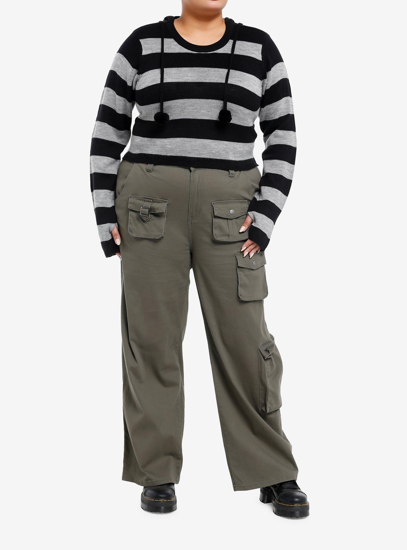 Black & Grey Stripe Girls Crop Hoodie Plus Size, GREY, alternate