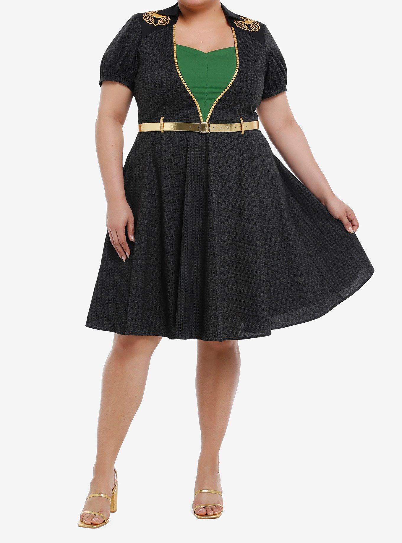 Her Universe Marvel Loki Gold Belt Retro Dress Plus Size, BLACK  GREEN, alternate