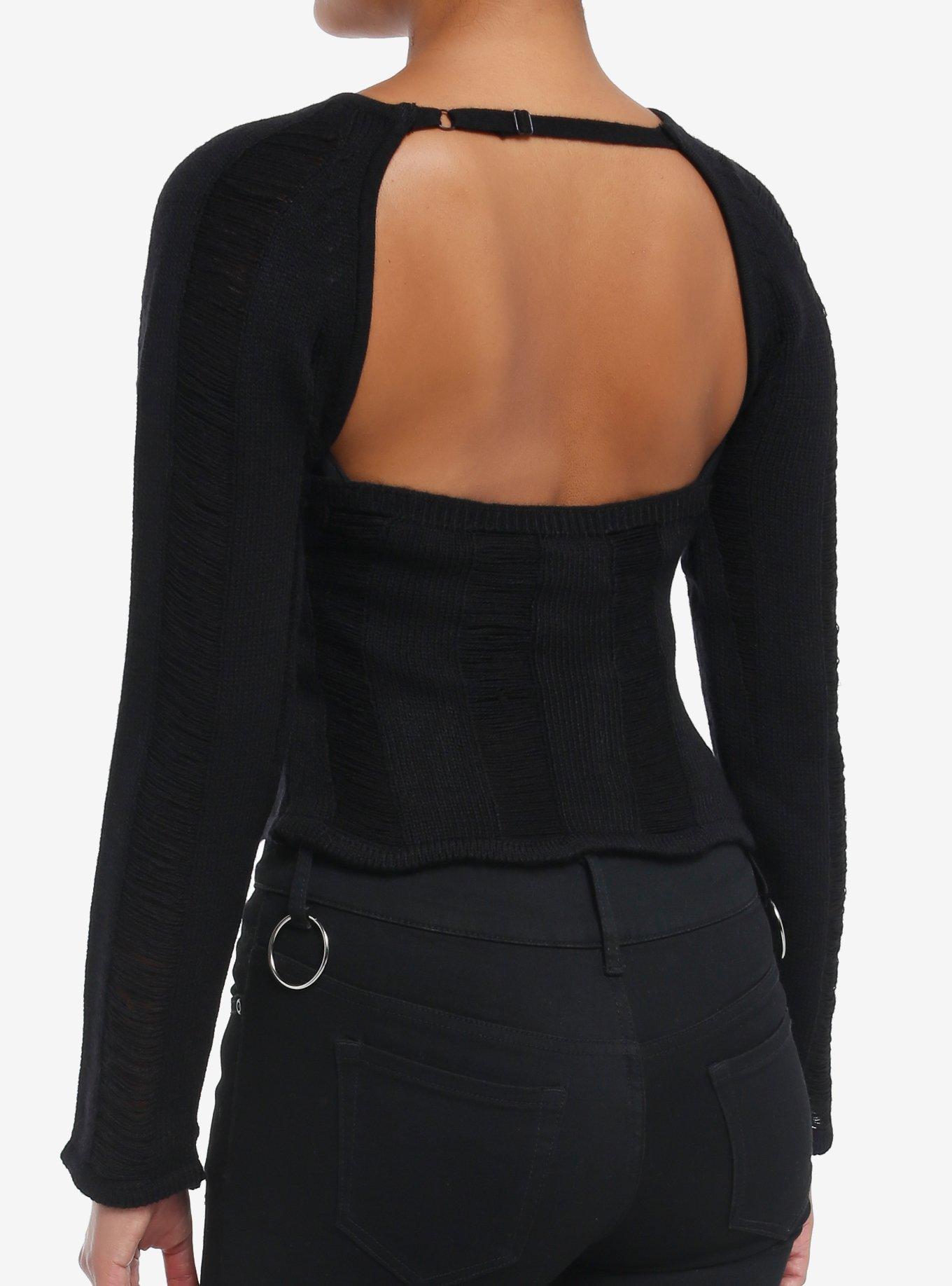 Black Distressed Open Back Girls Long-Sleeve Top, RED, alternate