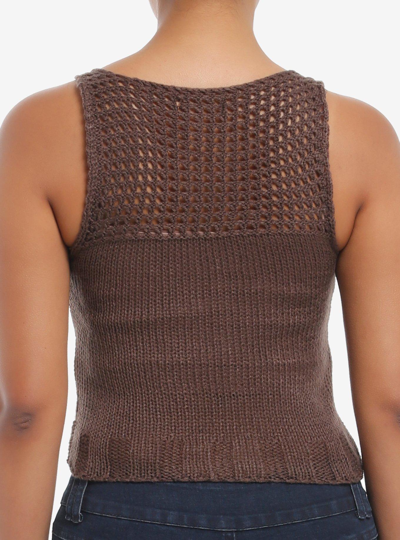 Brown Open Knit Girls Sweater Tank Top, , alternate