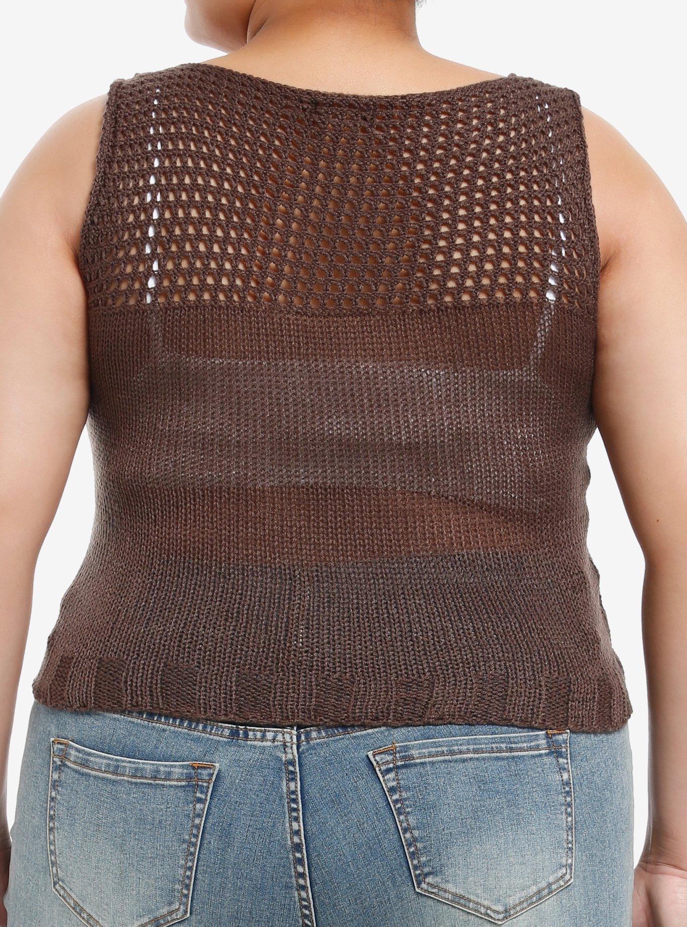 Brown Open Knit Girls Sweater Tank Top Plus Size, , alternate