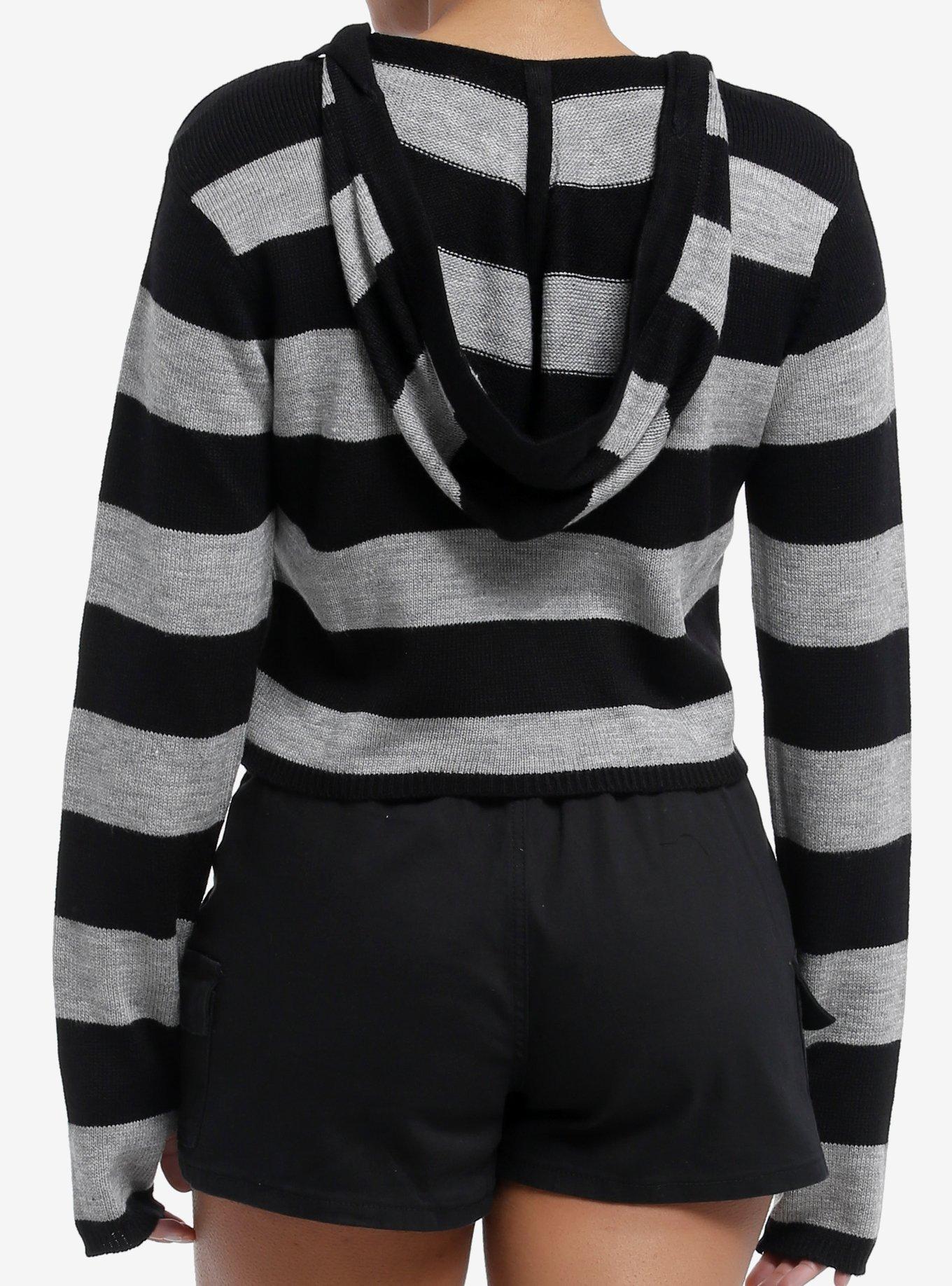 Black & Grey Stripe Girls Crop Hoodie, GREY, alternate