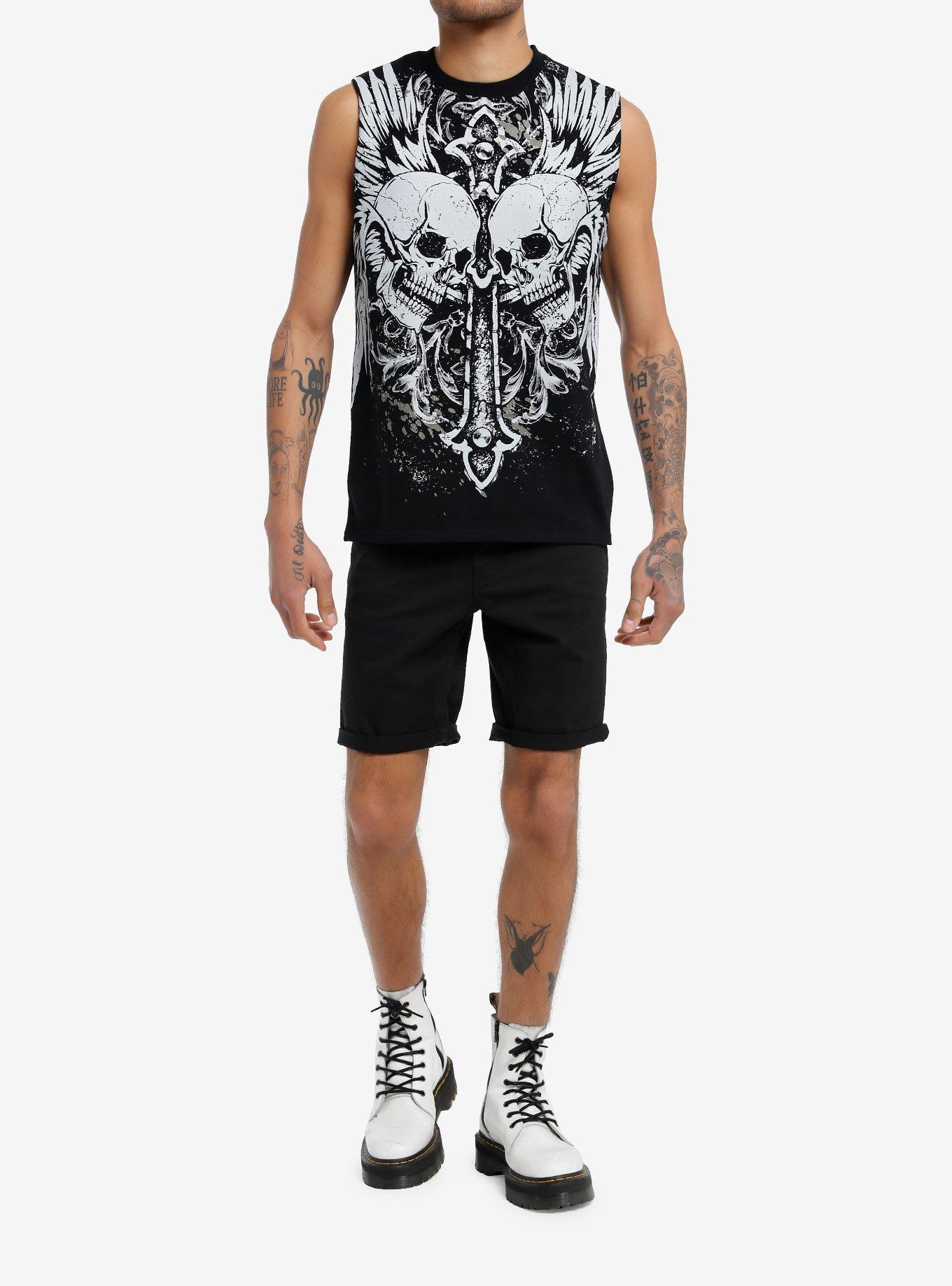 Winged Skulls & Cross Muscle Tank Top, BLACK, alternate