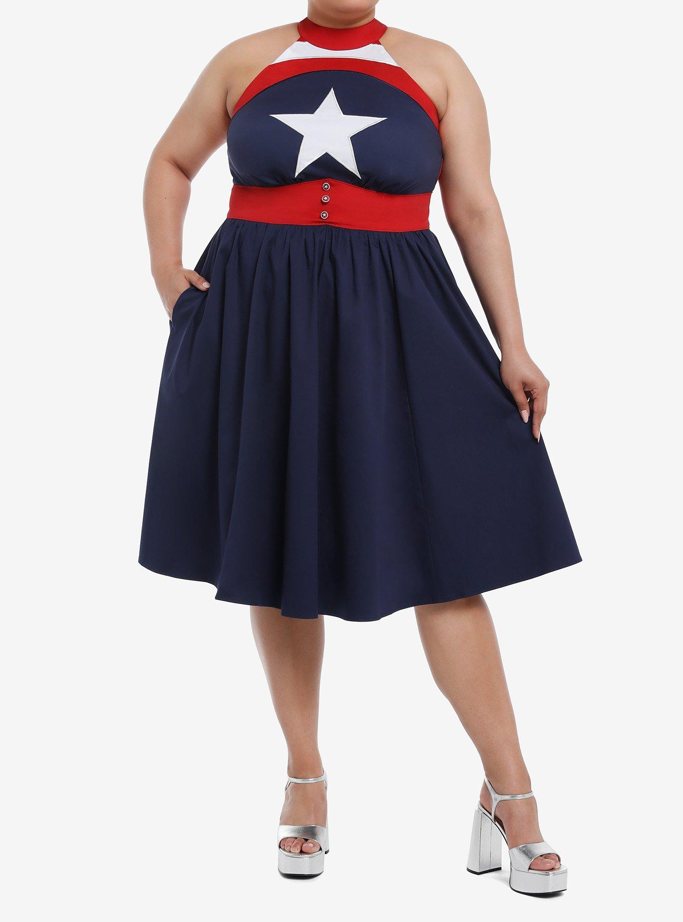 Her Universe Marvel Captain America Retro Halter Dress Plus Size Her Universe Exclusive, BLUE  RED, alternate