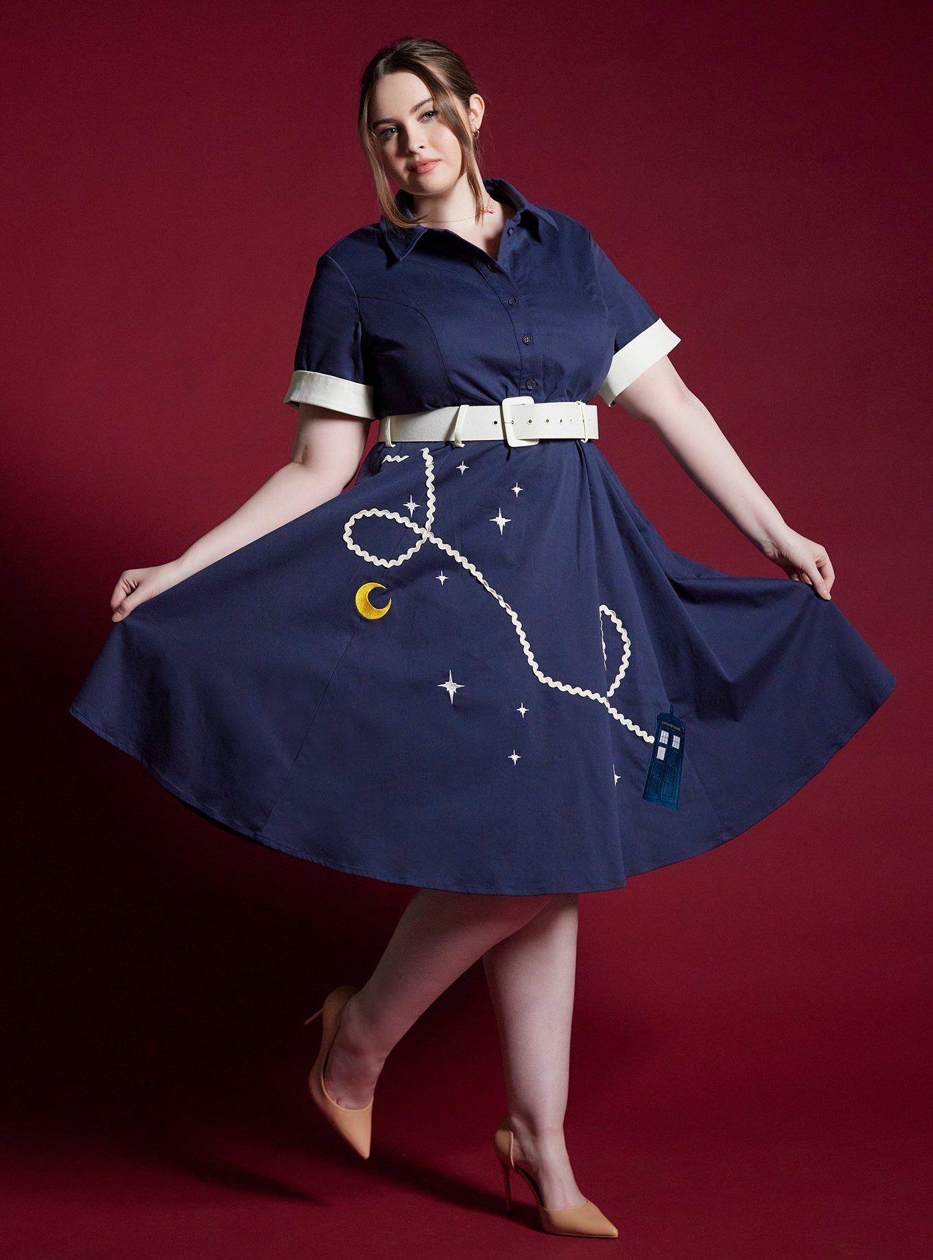 Her Universe Doctor Who Retro Dress With Belt Plus Size Her Universe Exclusive, NAVY  WHITE, alternate