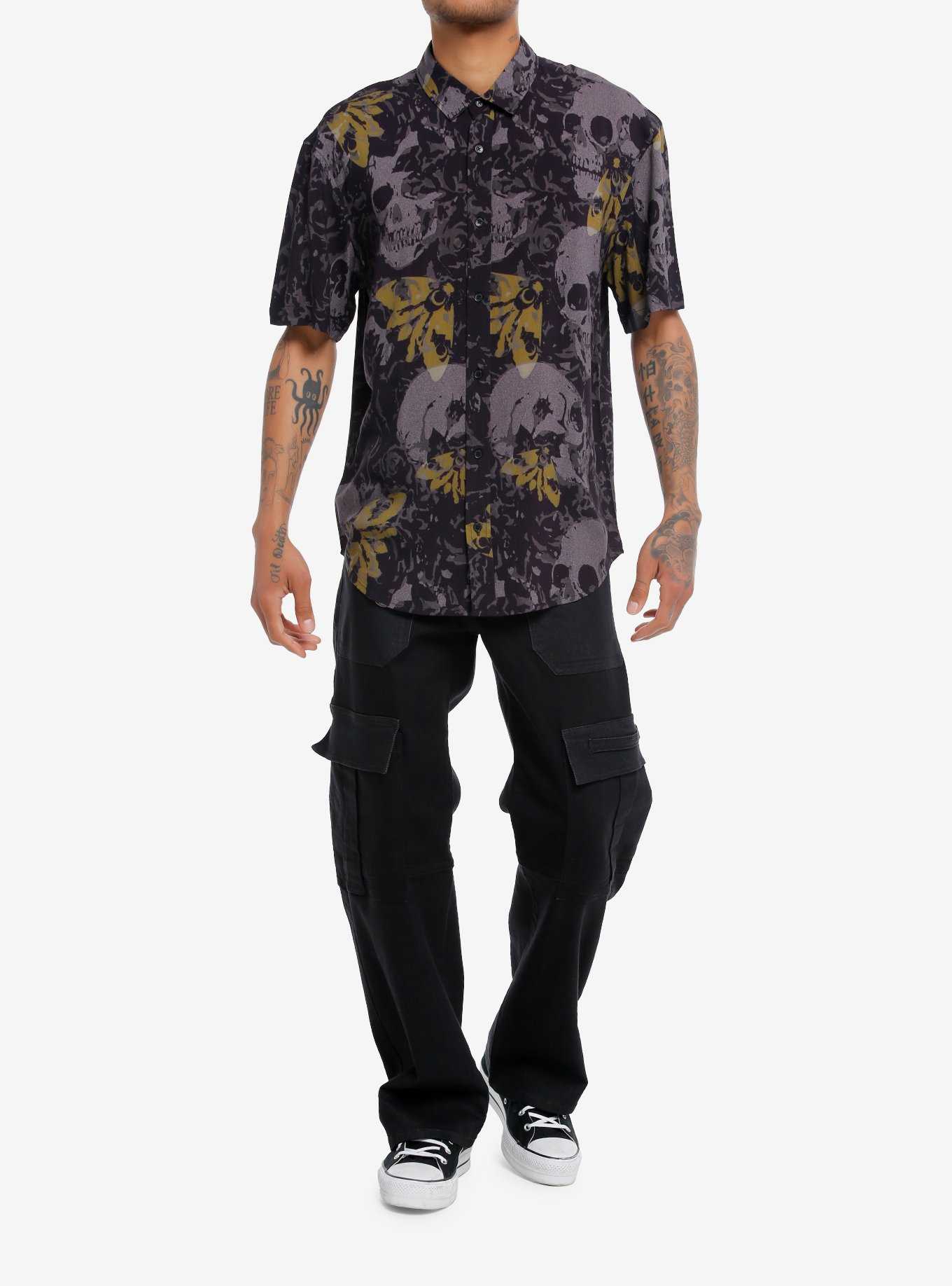 Grunge Skull Moth Woven Button-Up, , hi-res