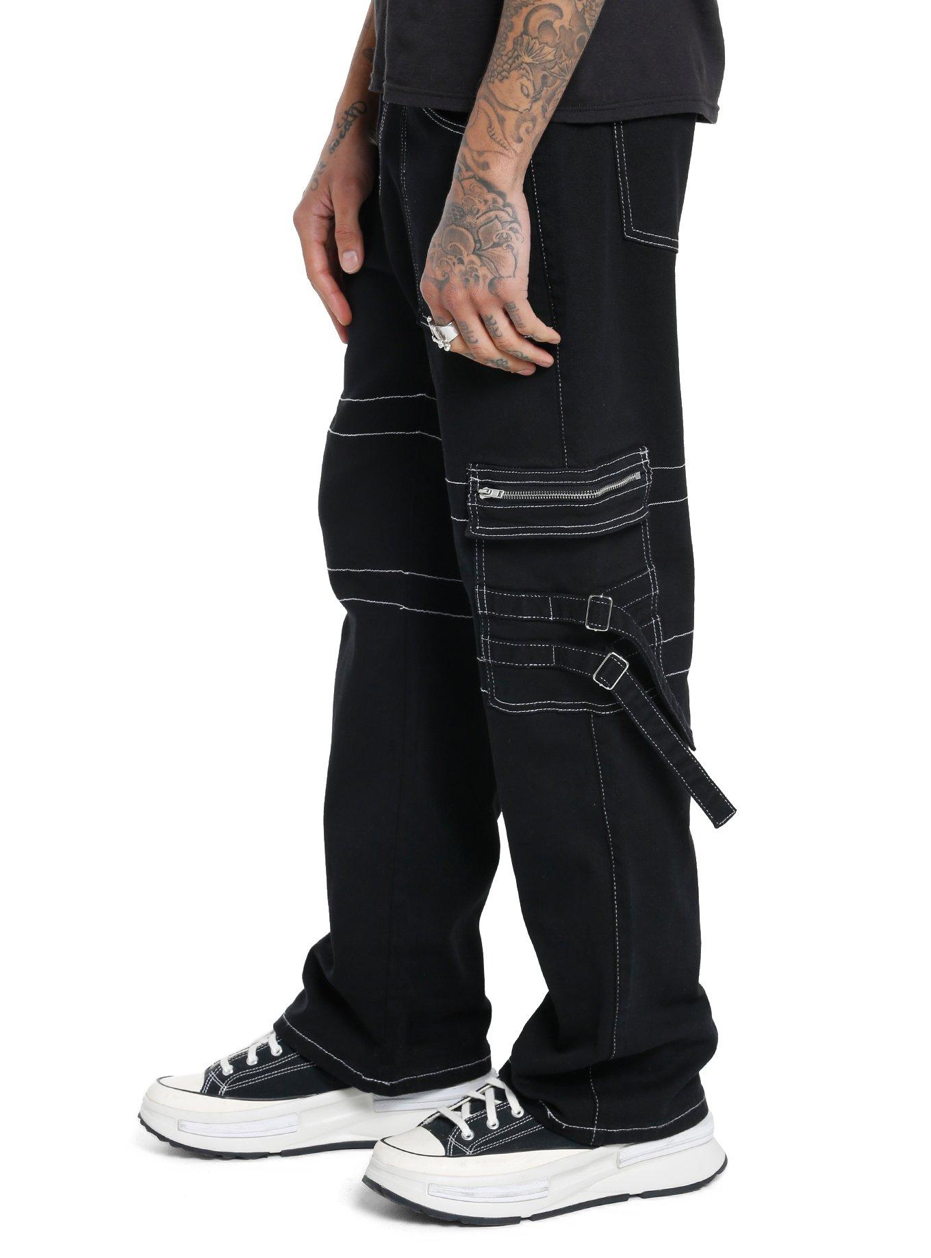 Black & White Contrast Stitch Cargo Pants, , alternate