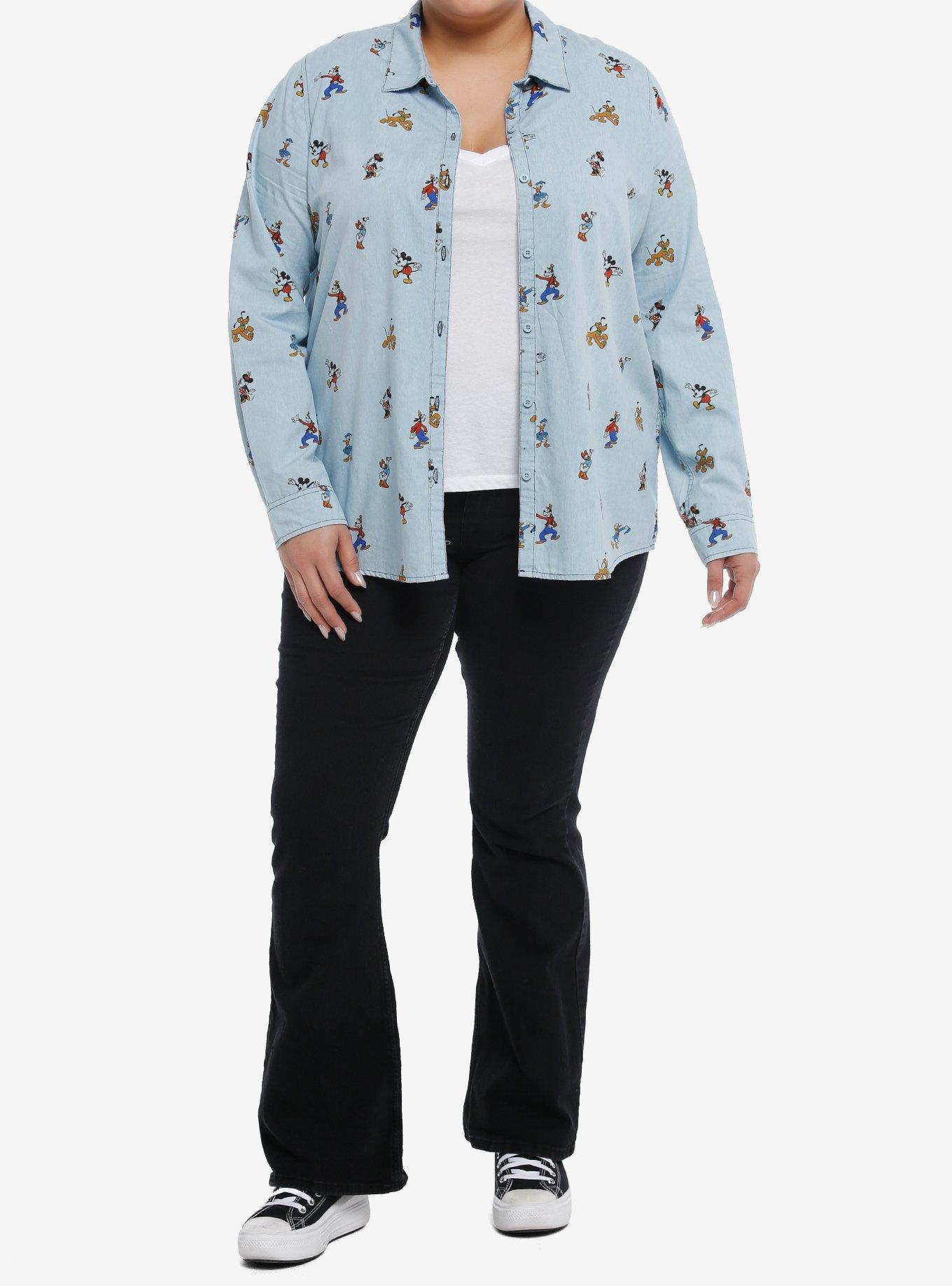 Her Universe Mickey Mouse And Friends Denim Long-Sleeve Woven Button-Up Plus Size Her Universe Exclusive, , hi-res