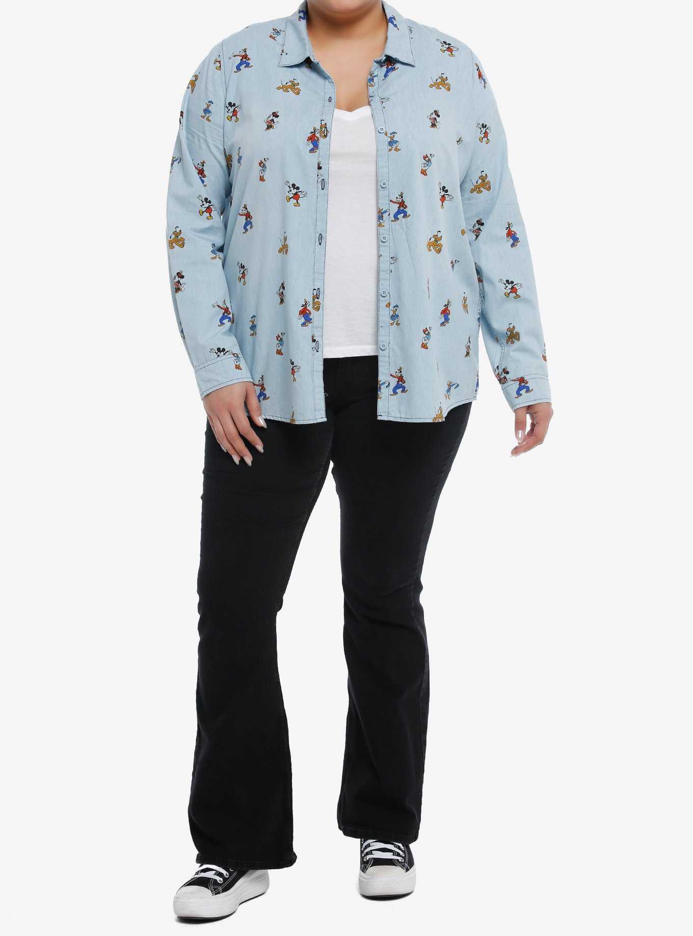 Her Universe Mickey Mouse And Friends Denim Long-Sleeve Woven Button-Up Plus Size Her Universe Exclusive, , hi-res