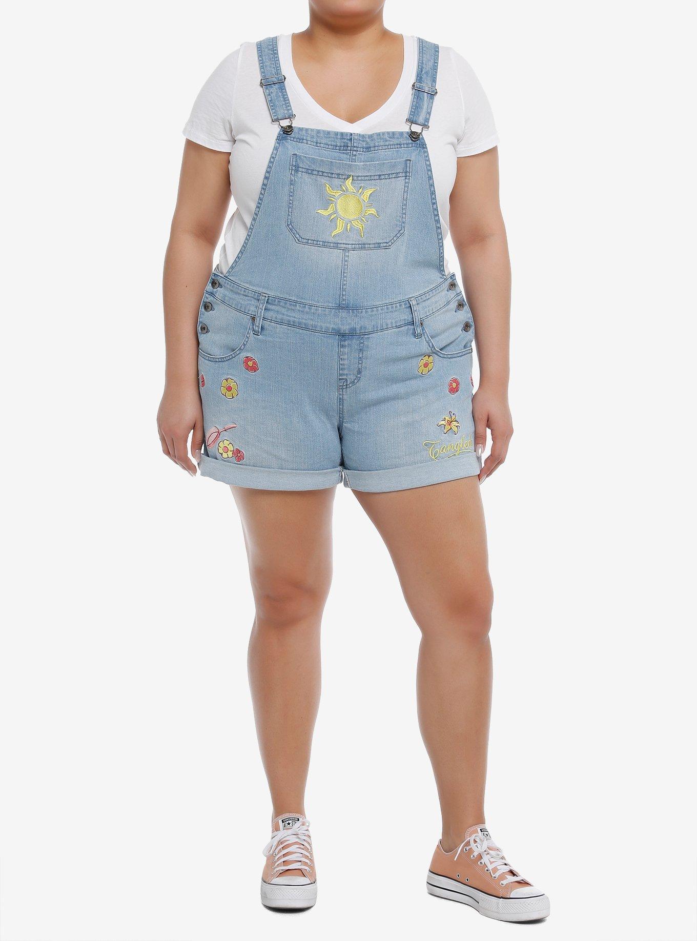 Her Universe Disney Tangled Icons Denim Shortalls Plus Size Her Universe Exclusive, MEDIUM WASHED DENIM, alternate