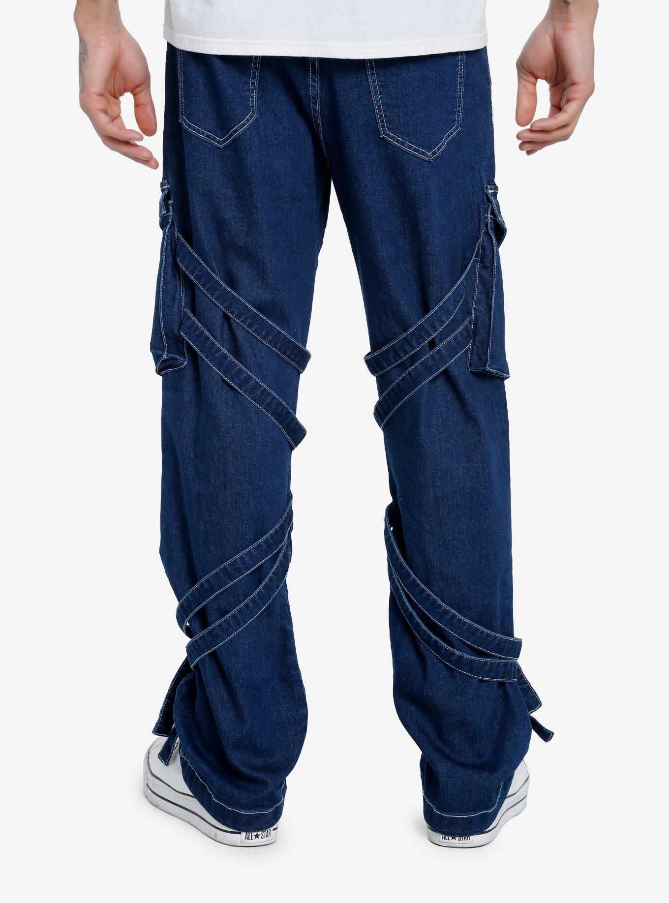 Dark Indigo Strappy Cargo Jeans, BLACK, alternate
