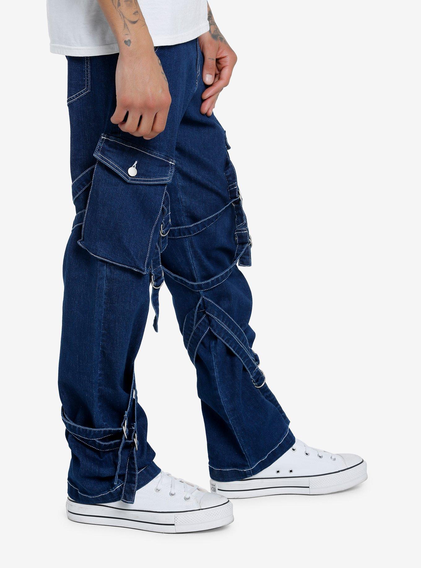 Dark Indigo Strappy Cargo Jeans, BLACK, alternate