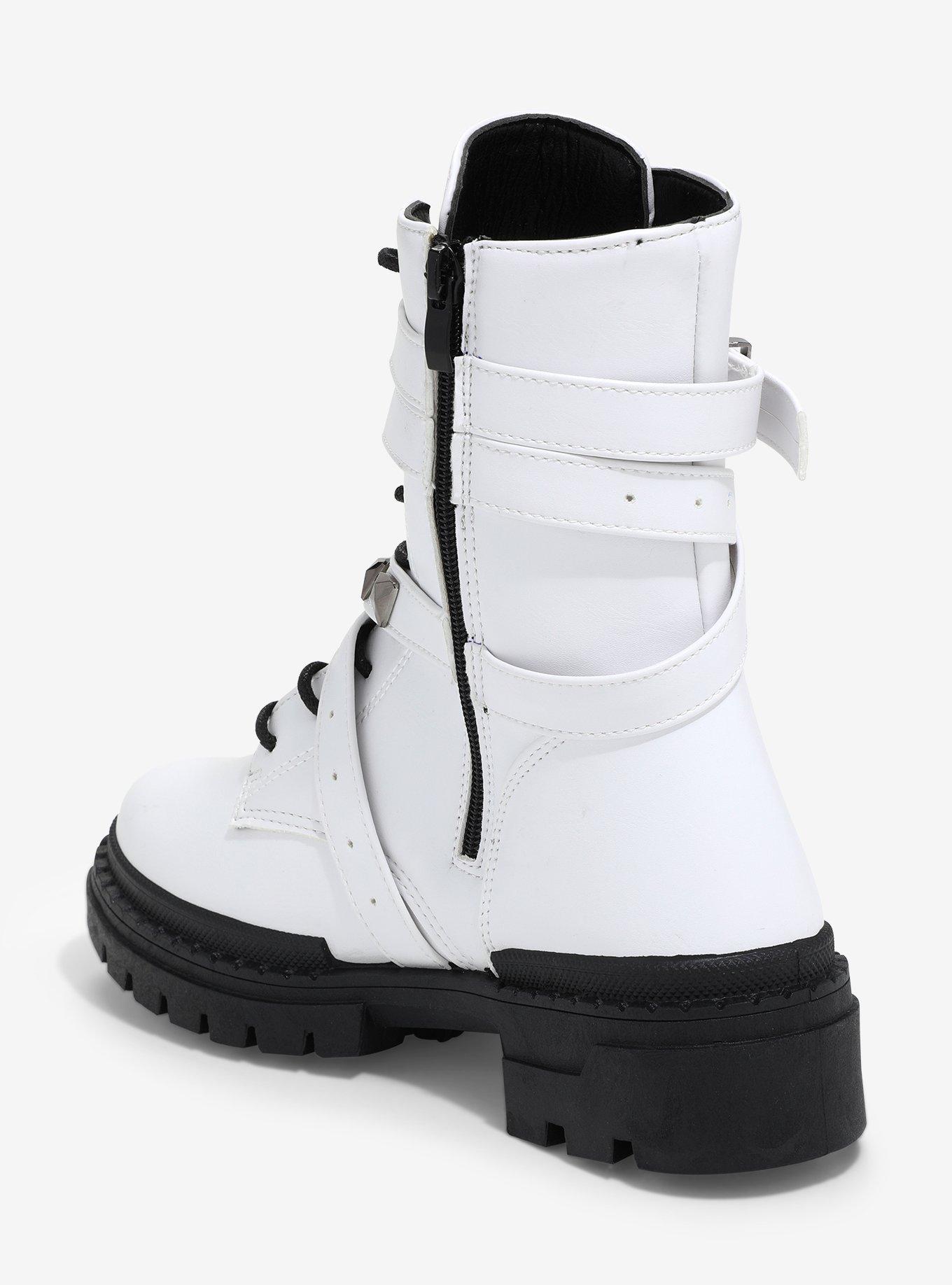 Yoki White Studded Buckle Combat Boots, MULTI, alternate