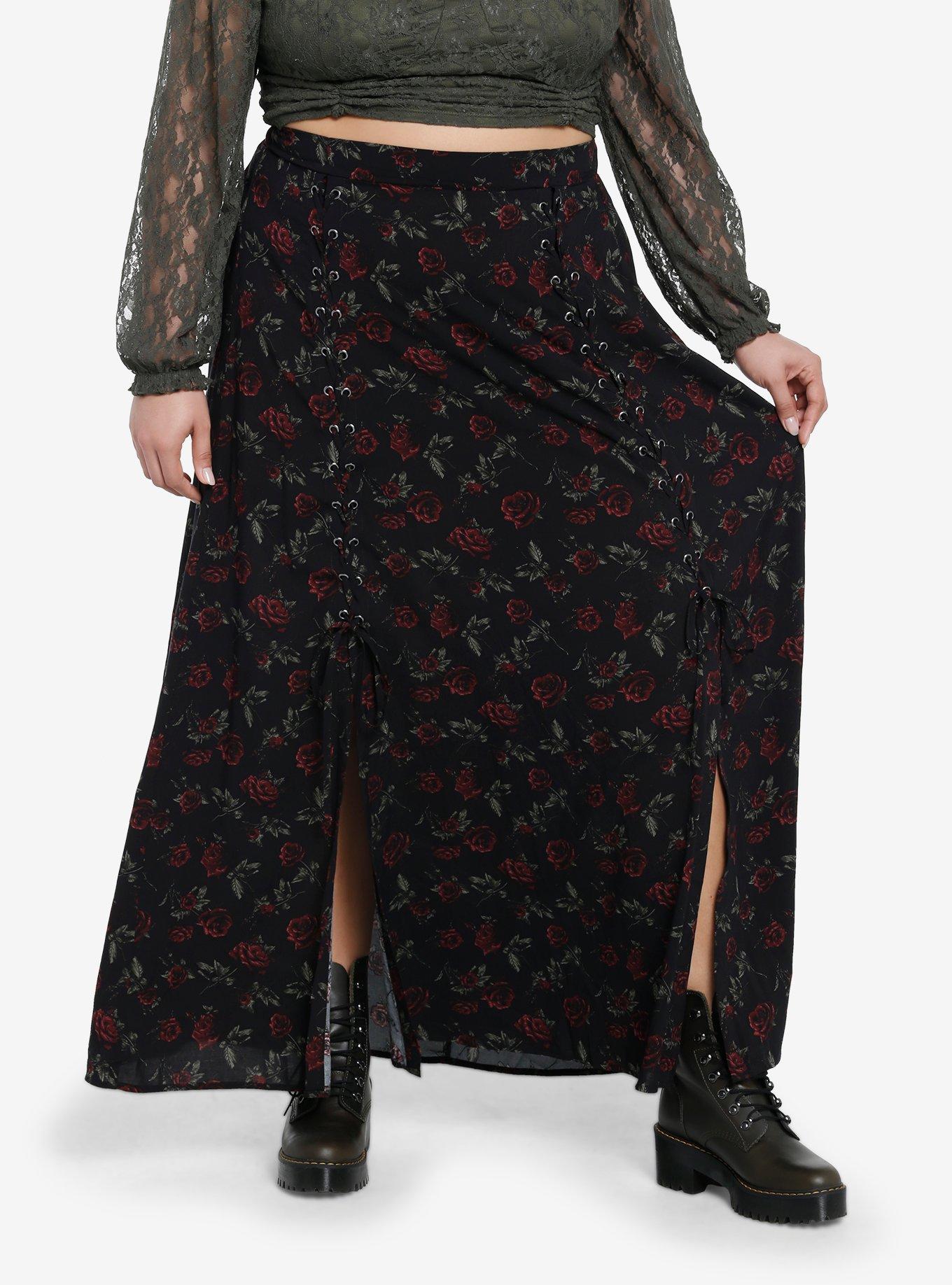 Thorn & Fable Dark Red Rose Lace-Up Maxi Skirt Plus Size, RED, alternate