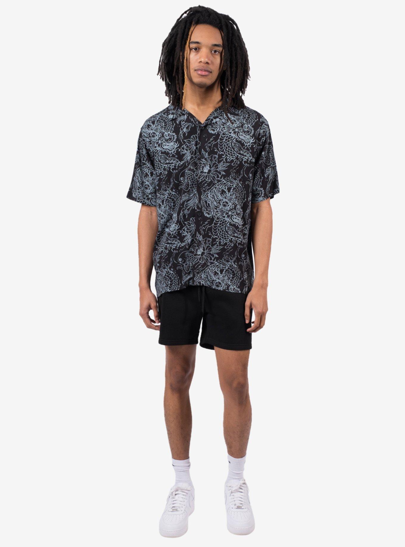 Koi Dragons Rayon Button-Up Shirt, BLACK, alternate