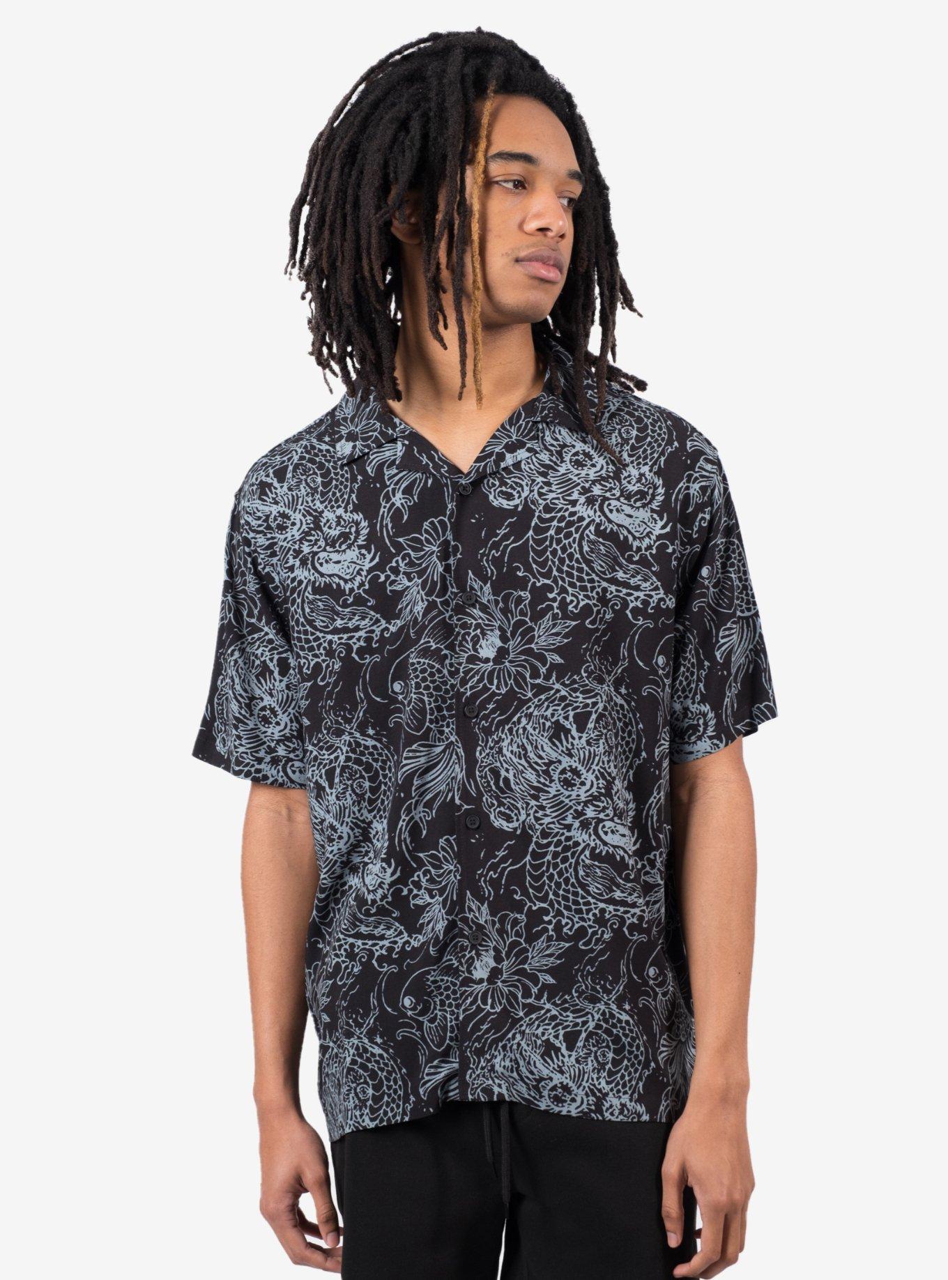 Koi Dragons Rayon Button-Up Shirt, BLACK, alternate