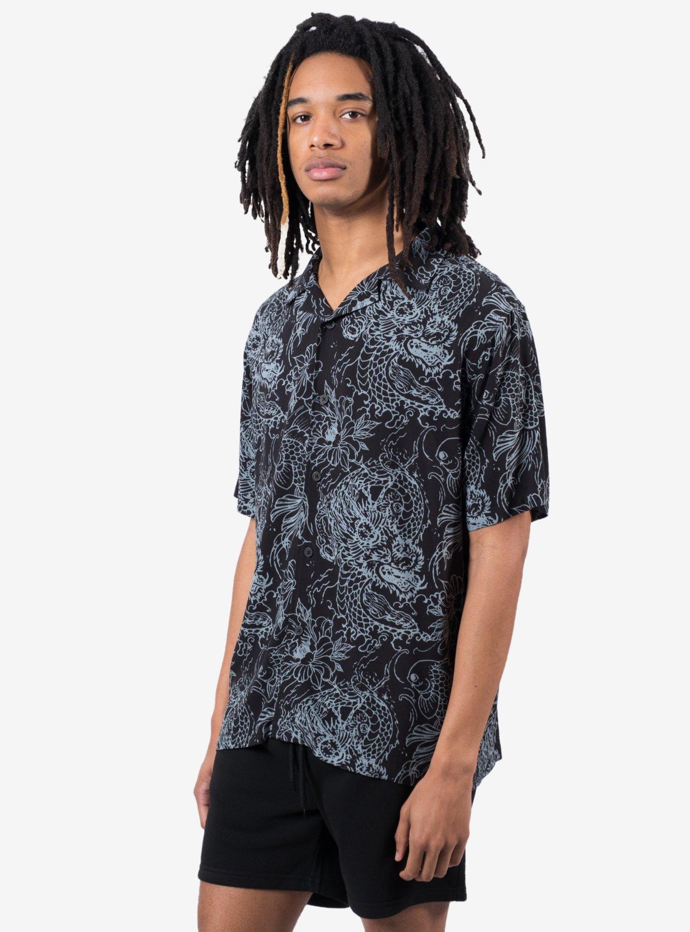 Koi Dragons Rayon Button-Up Shirt, BLACK, alternate