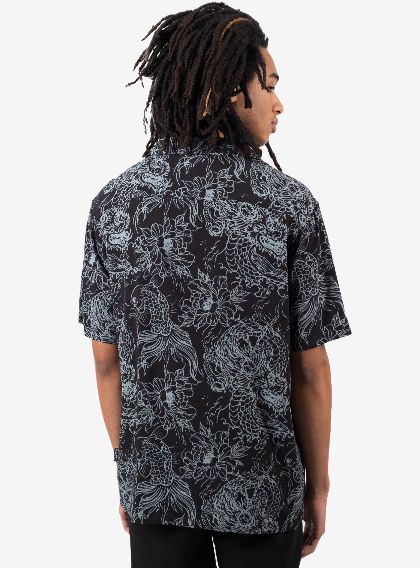 Koi Dragons Rayon Button-Up Shirt, BLACK, alternate