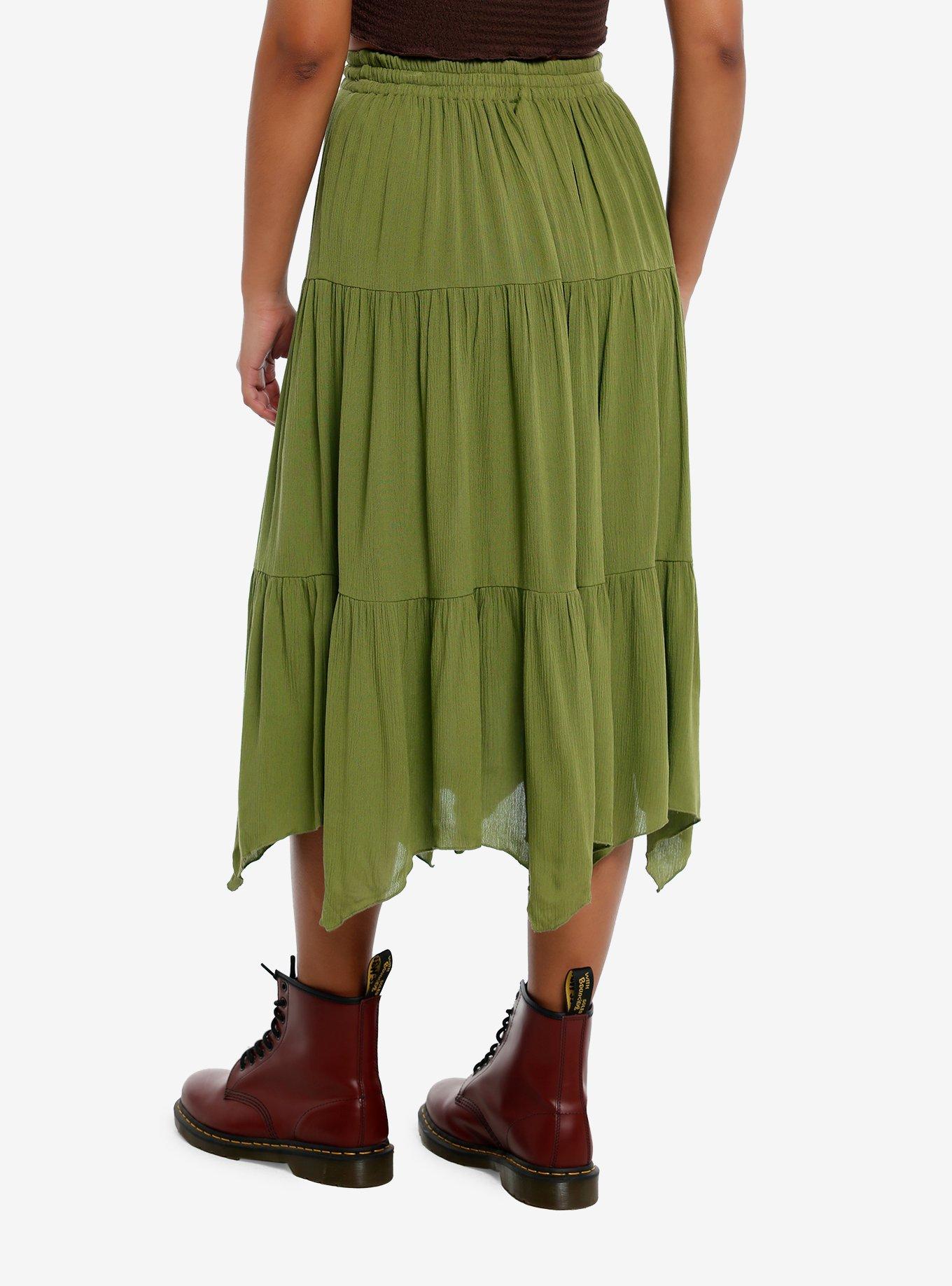 Thorn & Fable® Green Tiered Hanky Hem Midi Skirt