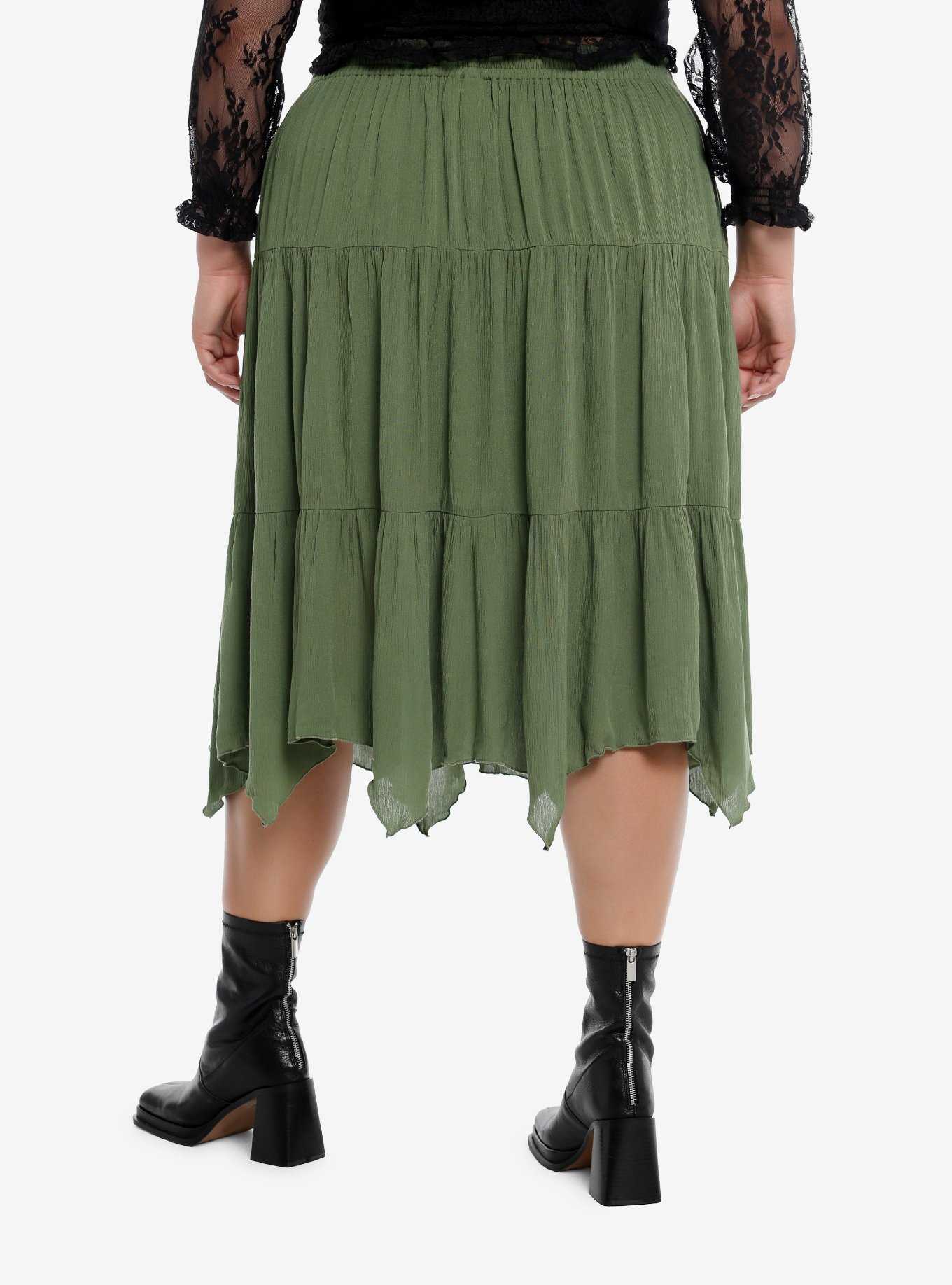 Thorn & Fable® Green Tiered Hanky Hem Midi Skirt Plus Size, , hi-res