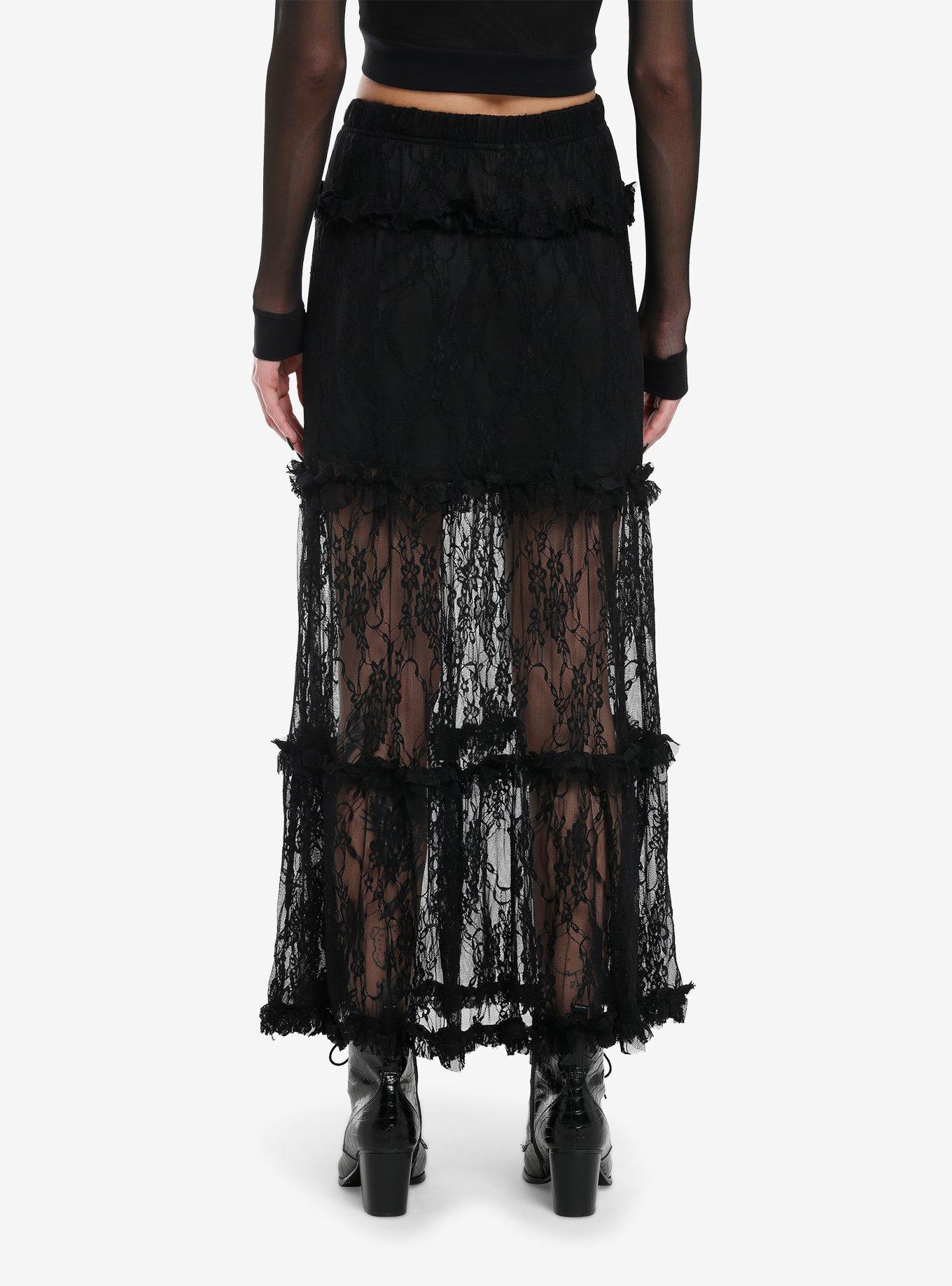 Daisy Street Black Lace Ruffle Sheer Maxi Skirt, , hi-res