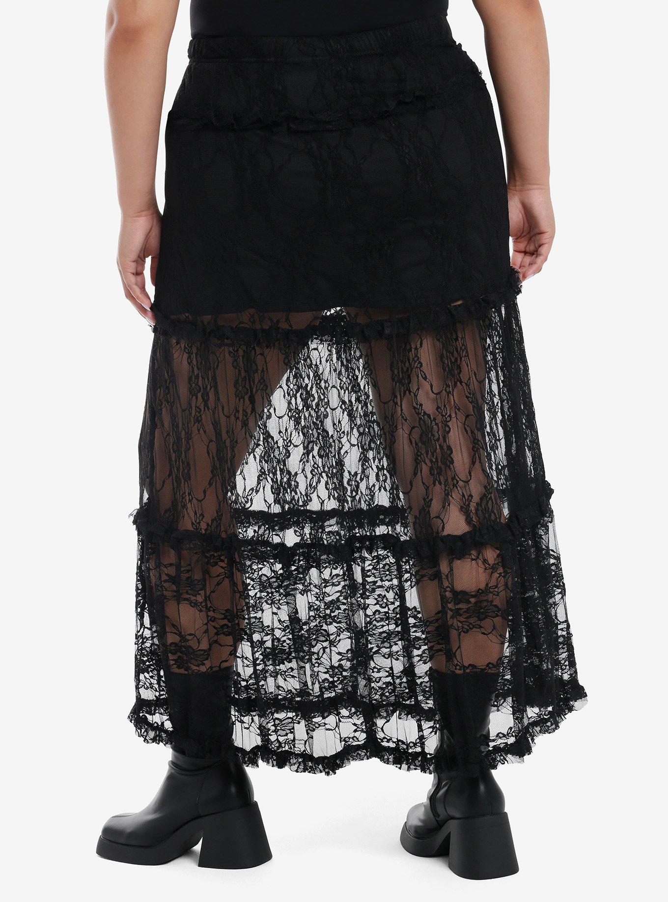 Daisy Street Black Lace Ruffle Sheer Maxi Skirt Plus Size, , hi-res