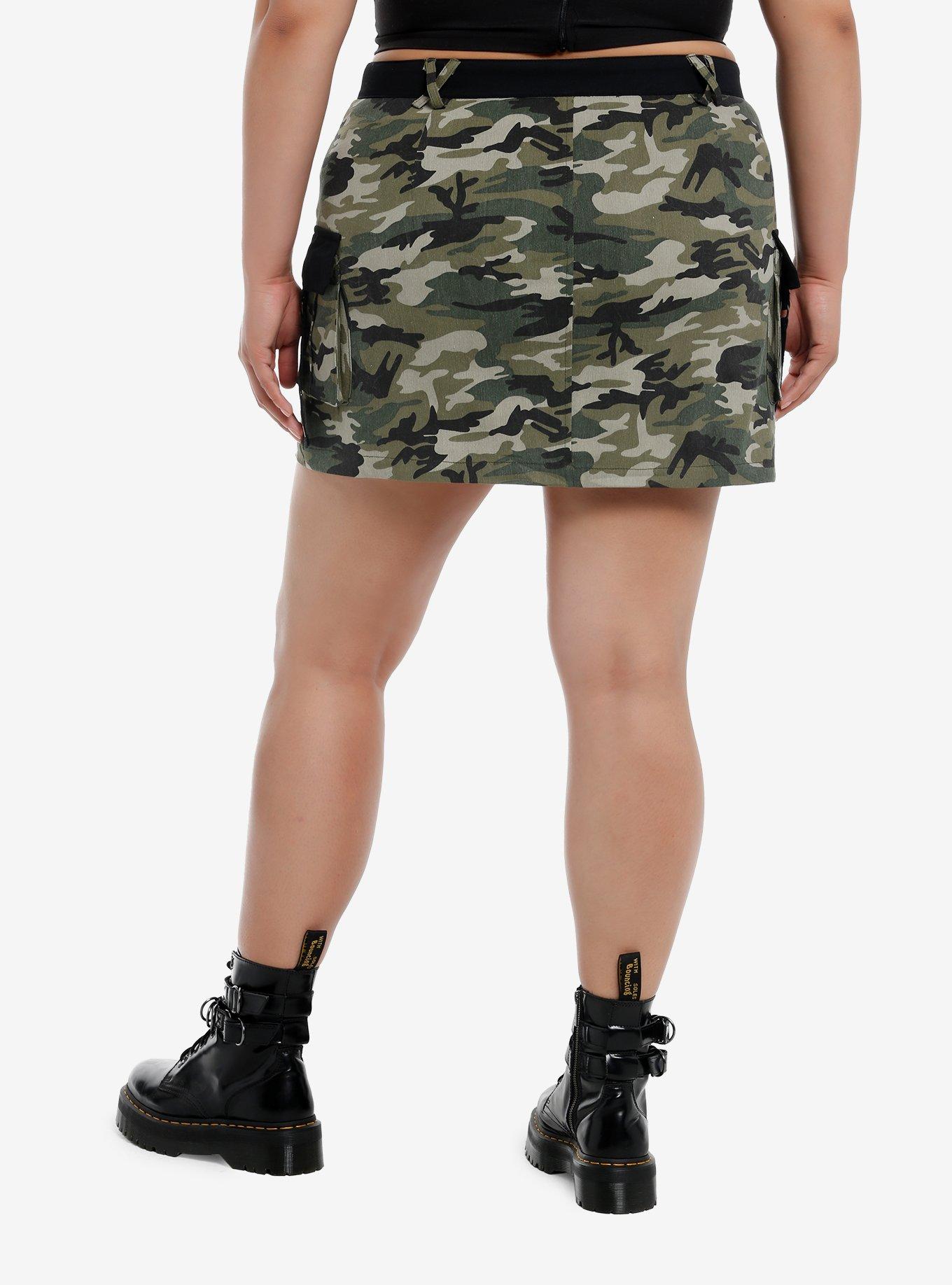 Green Camouflage Zipper Cargo Skirt Plus Size, , hi-res