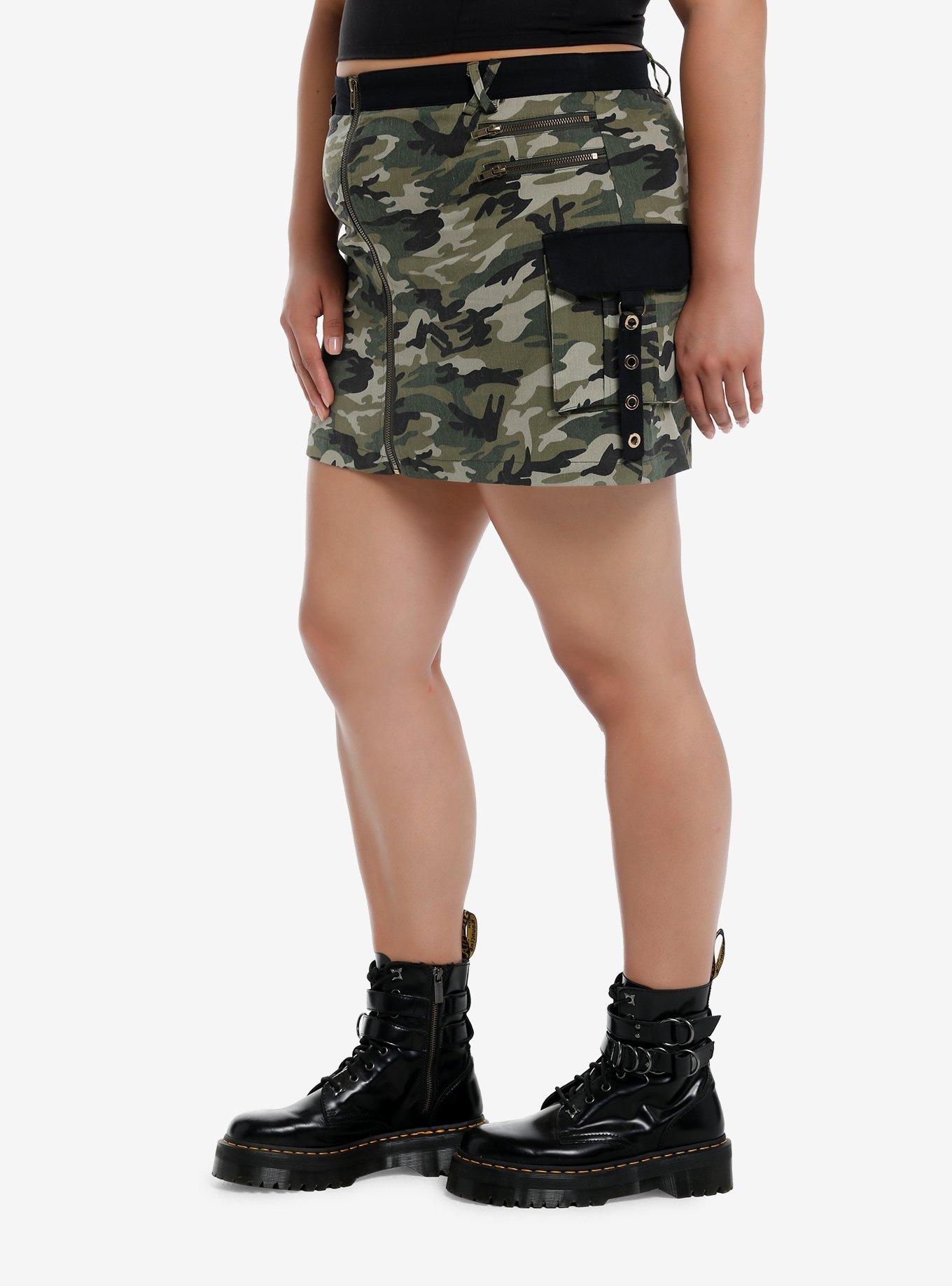 Green Camouflage Zipper Cargo Skirt Plus Size, BLACK, alternate