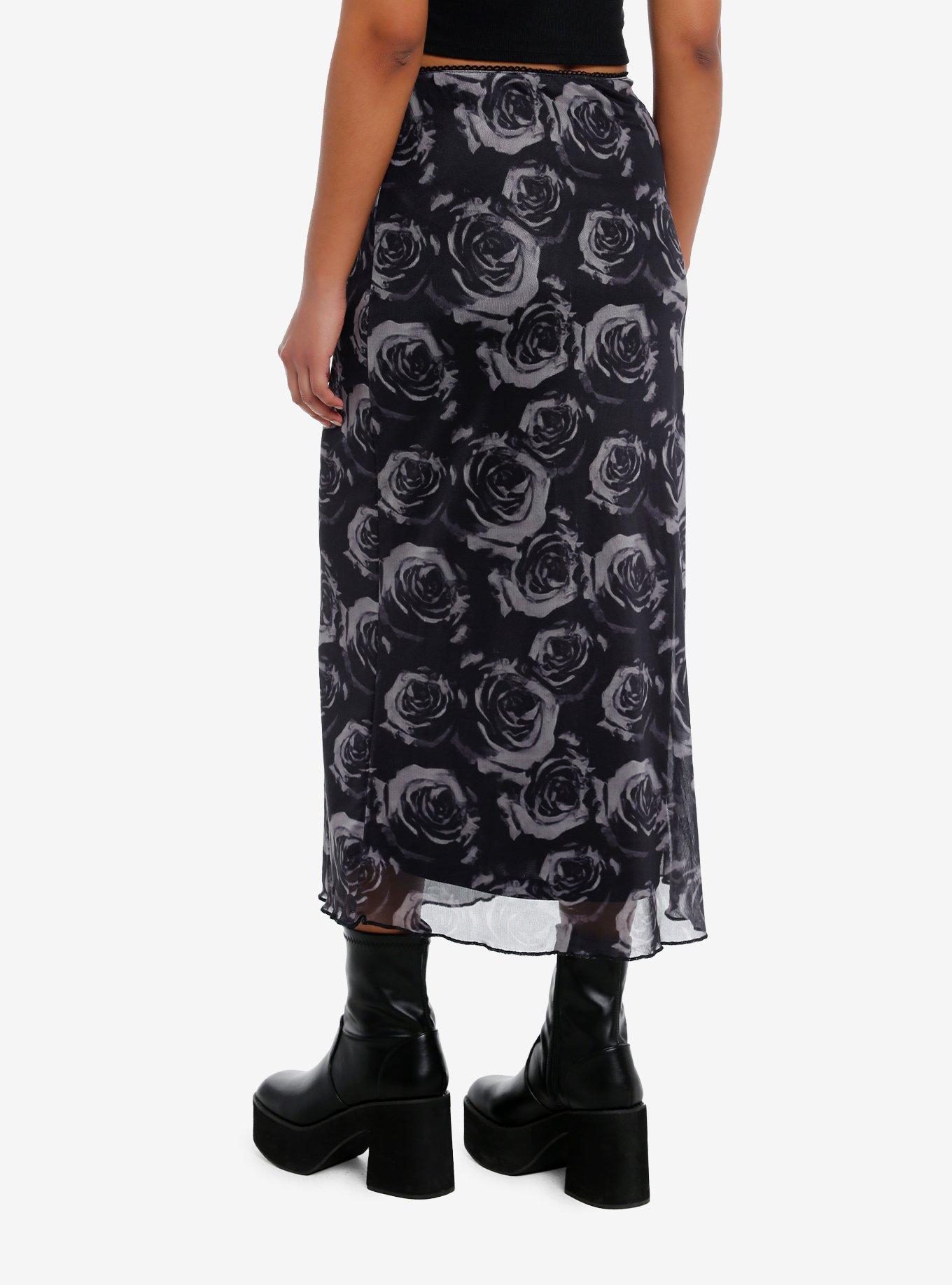 Cosmic Aura® Black & Grey Roses Midi Skirt