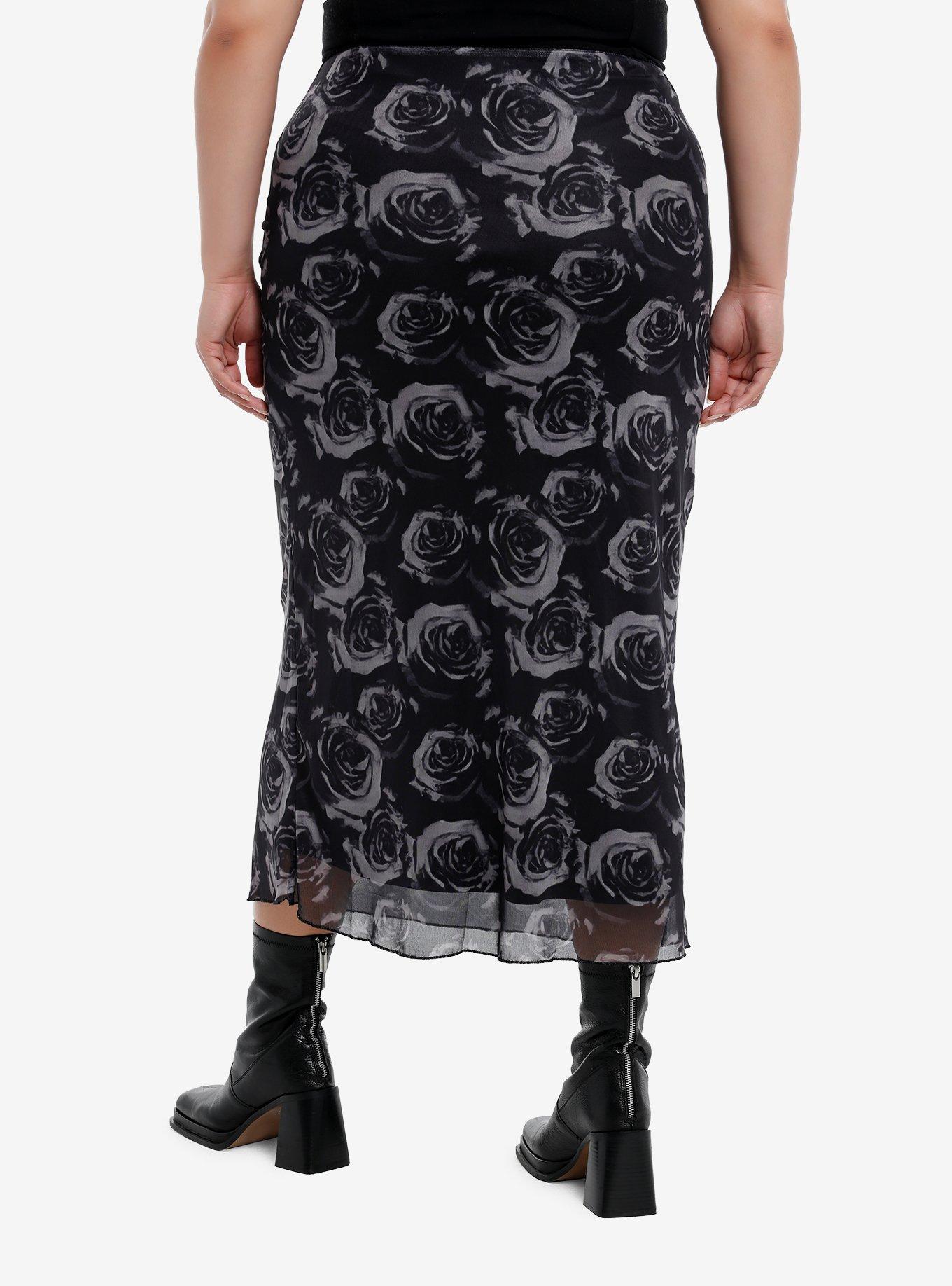 Cosmic Aura® Black & Grey Roses Midi Skirt, BLACK, alternate