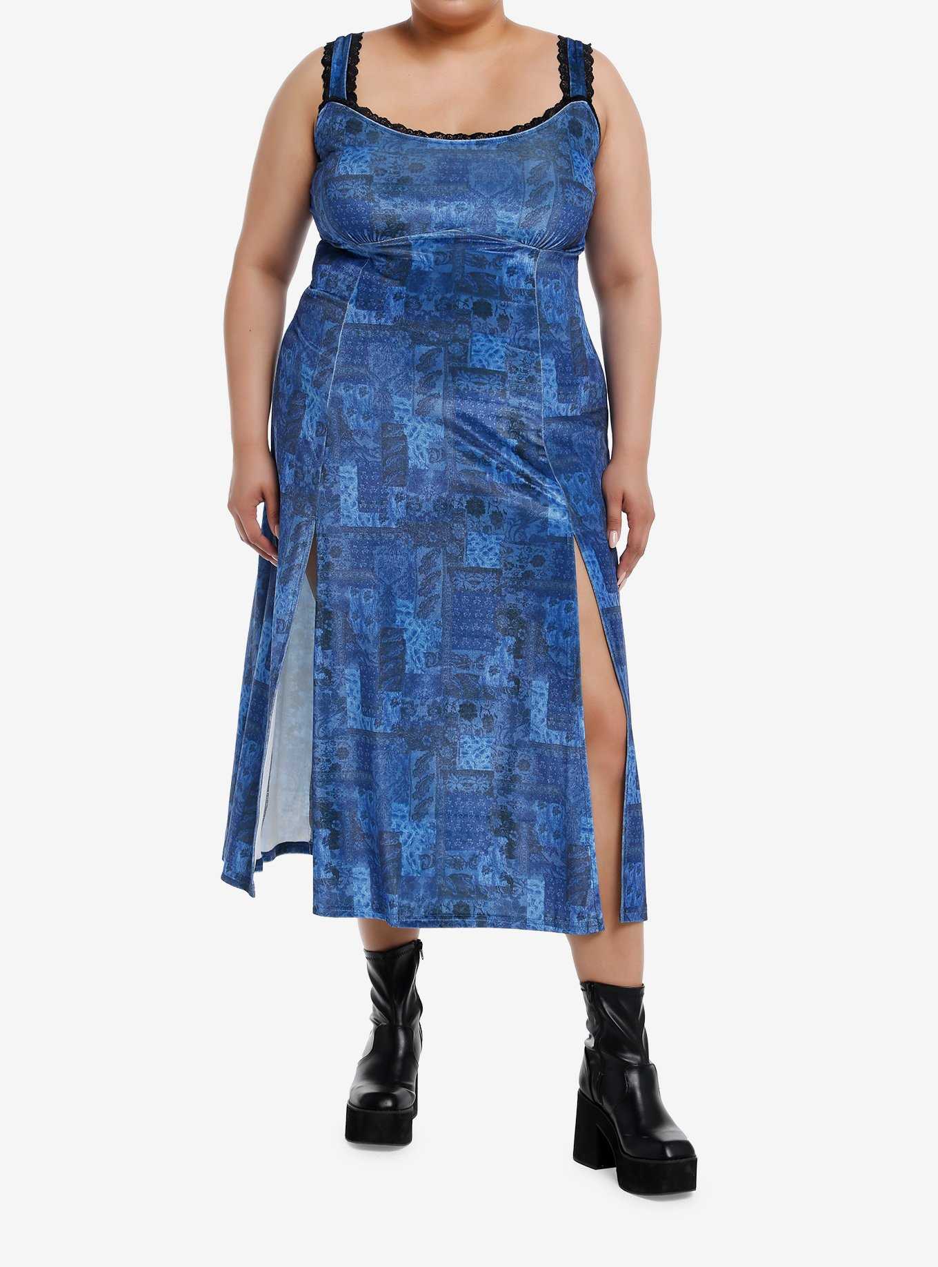 Cosmic Aura Blue Paisley Patchwork Midi Dress Plus Size, , hi-res