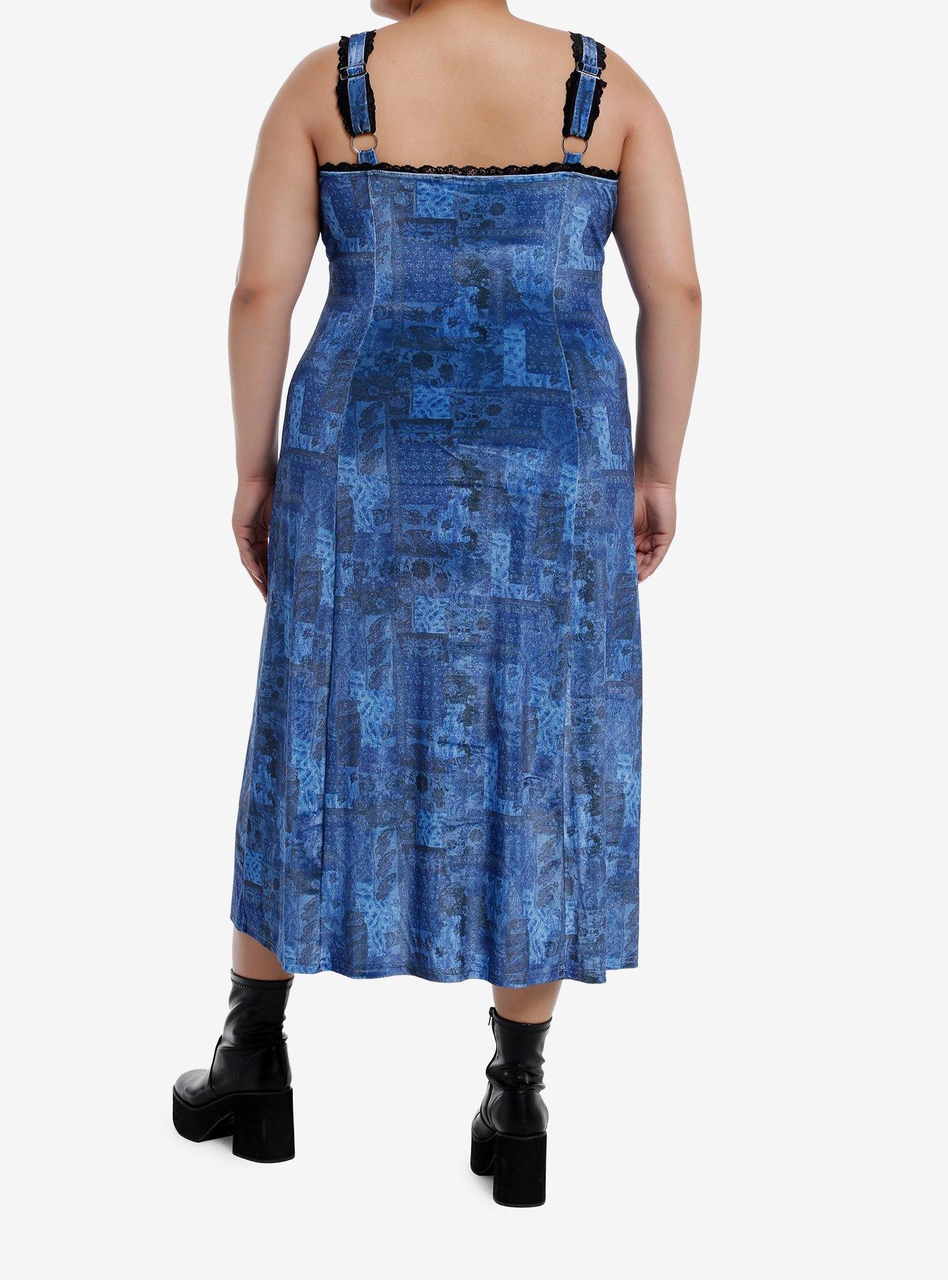 Cosmic Aura Blue Paisley Patchwork Midi Dress Plus Size, NAVY, alternate