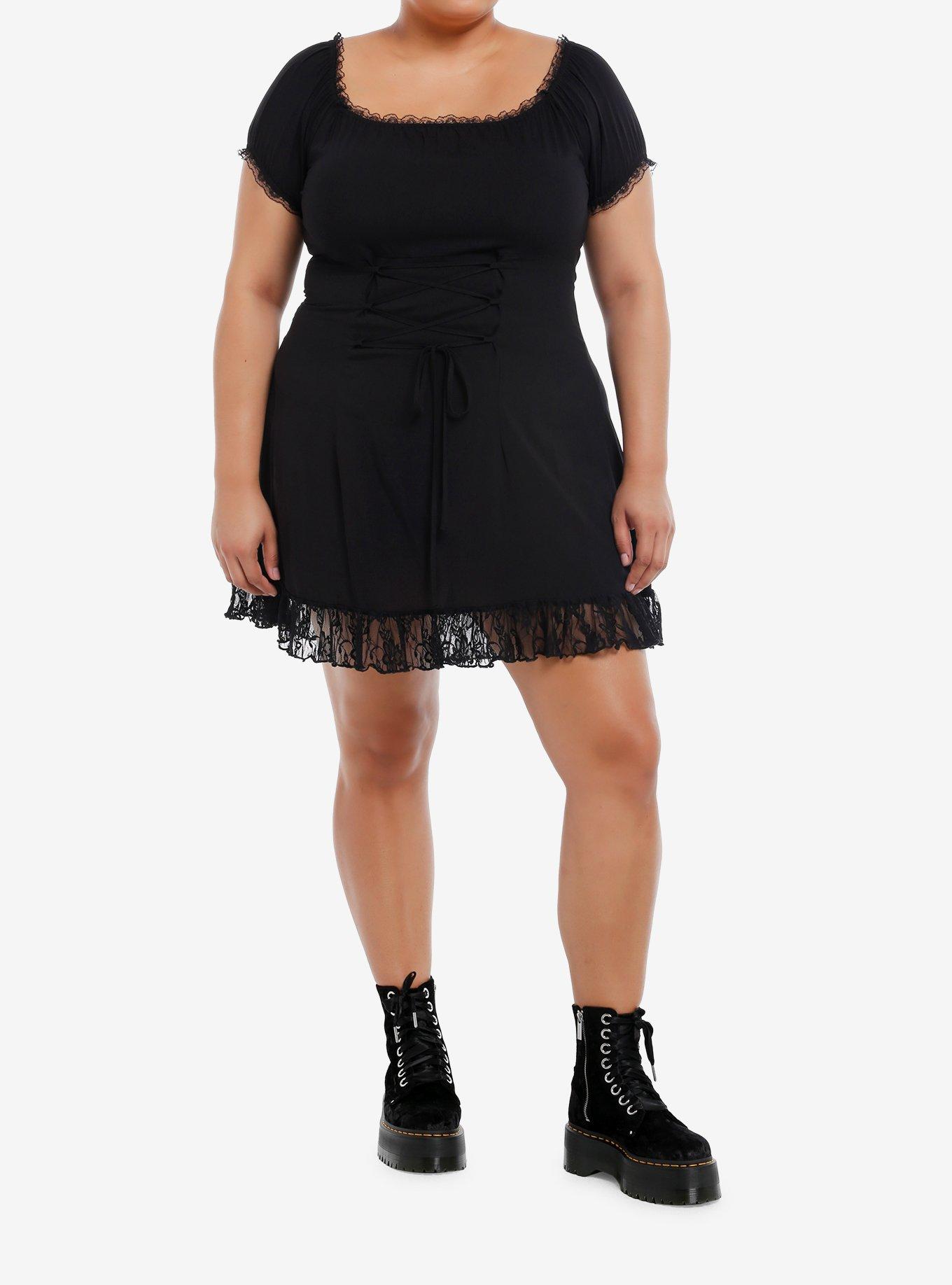 Daisy Street Black Lace Trim Corset Mini Dress Plus Size, , hi-res