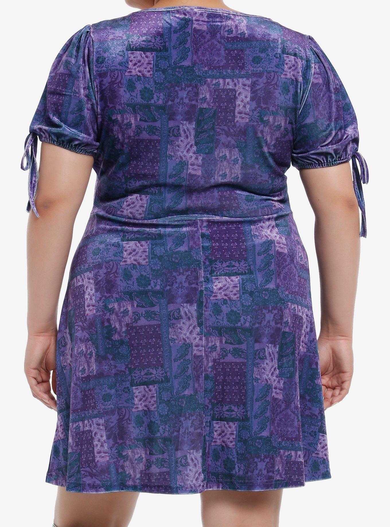 Purple & Blue Patchwork Velvet Dress Plus Size, PURPLE, alternate