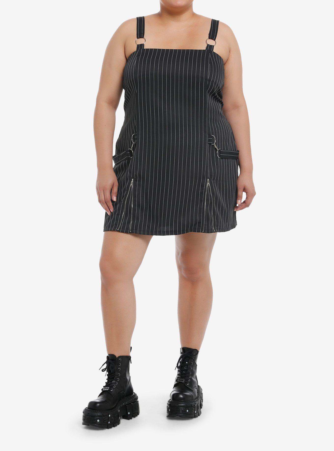 Black Pinstripe Hardware Mini Dress Plus Size, , hi-res