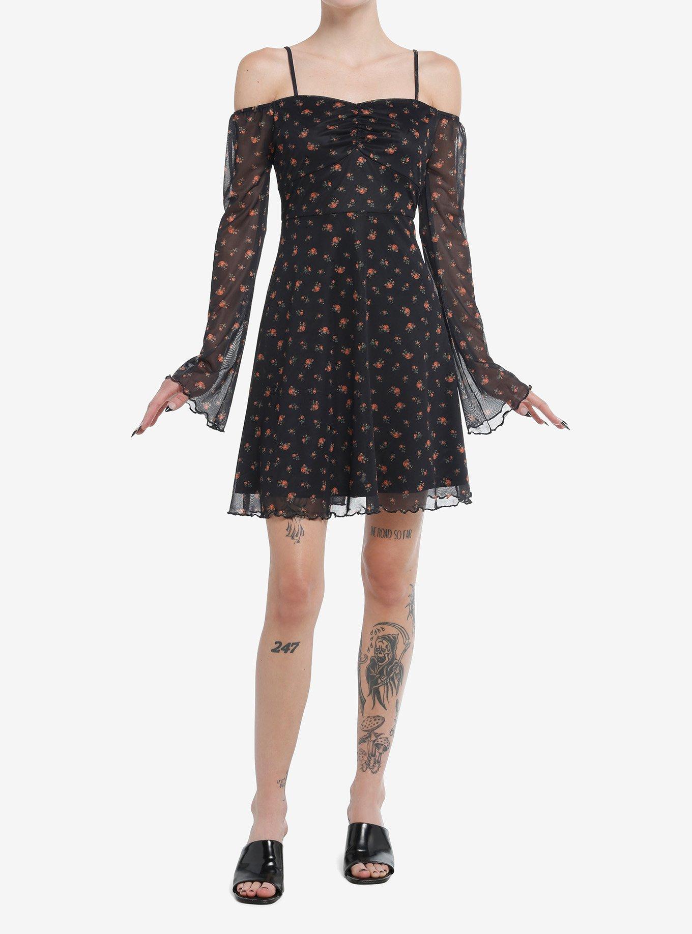 Thorn & Fable Floral Mesh Cold Shoulder Bell Sleeve Dress, , alternate
