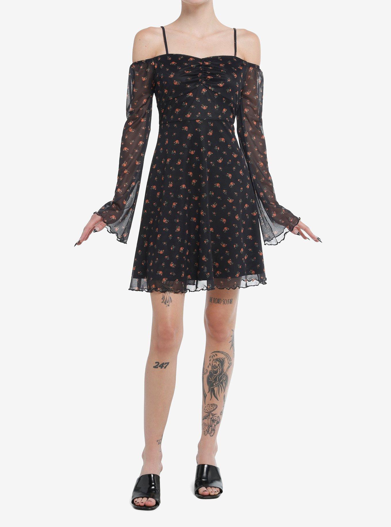 Thorn & Fable Floral Mesh Cold Shoulder Bell Sleeve Dress, , hi-res