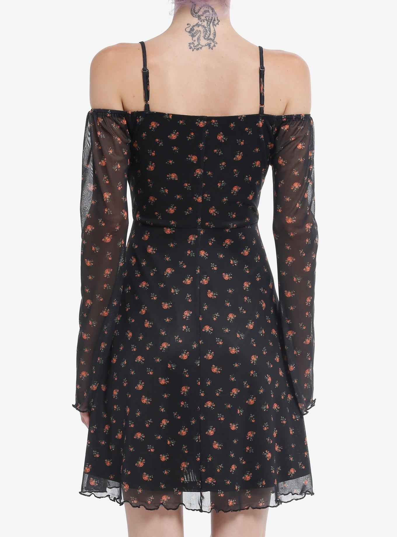Thorn & Fable Floral Mesh Cold Shoulder Bell Sleeve Dress, , alternate