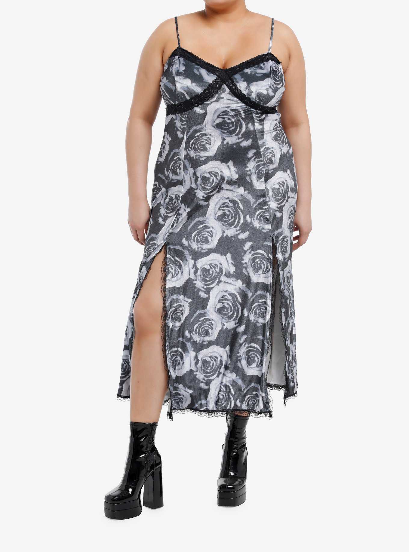 Thorn & Fable Grey Rose Lace Slit Maxi Dress Plus Size, , hi-res