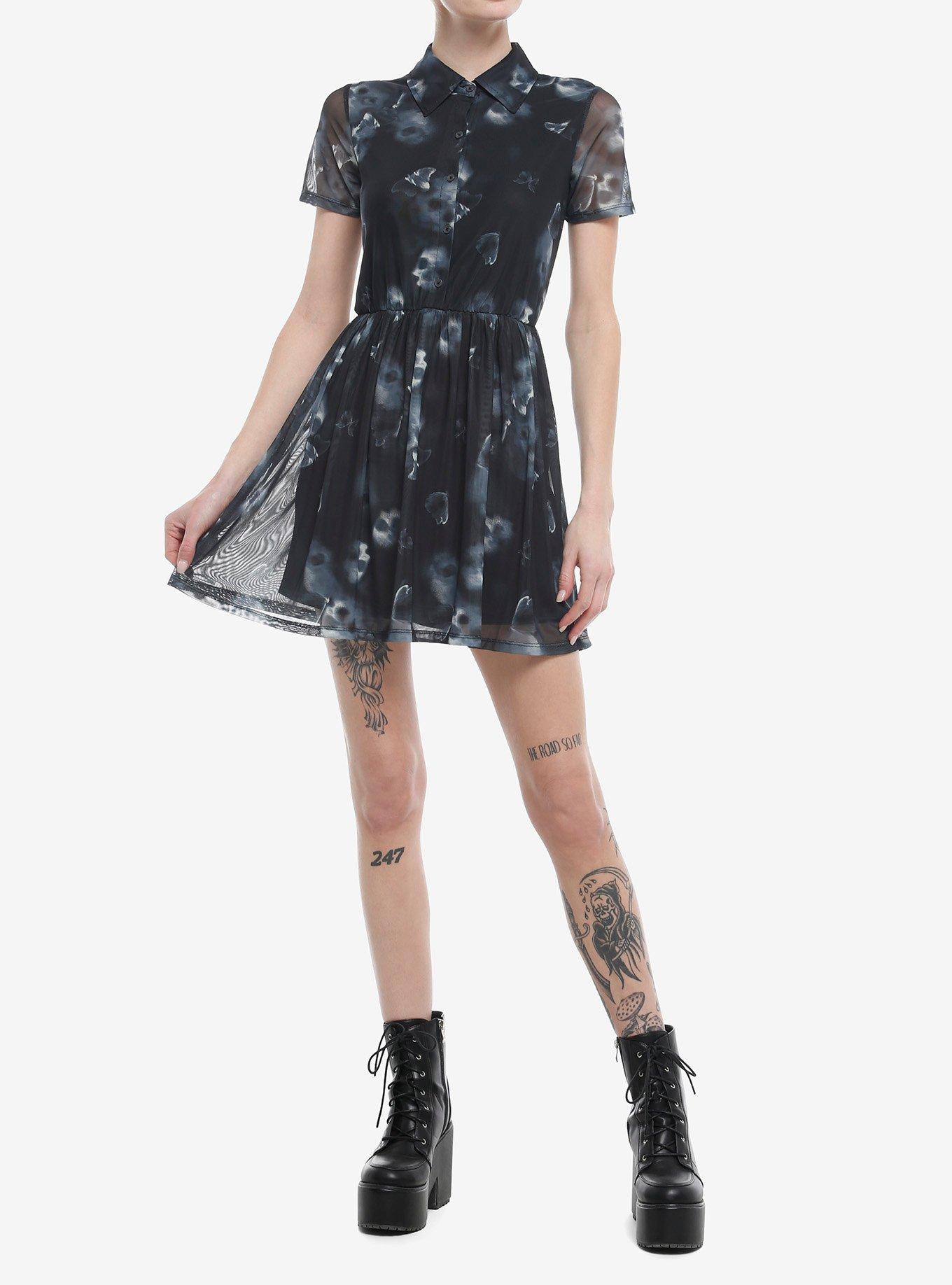 Black Skull Collared Mesh Skater Dress, , alternate