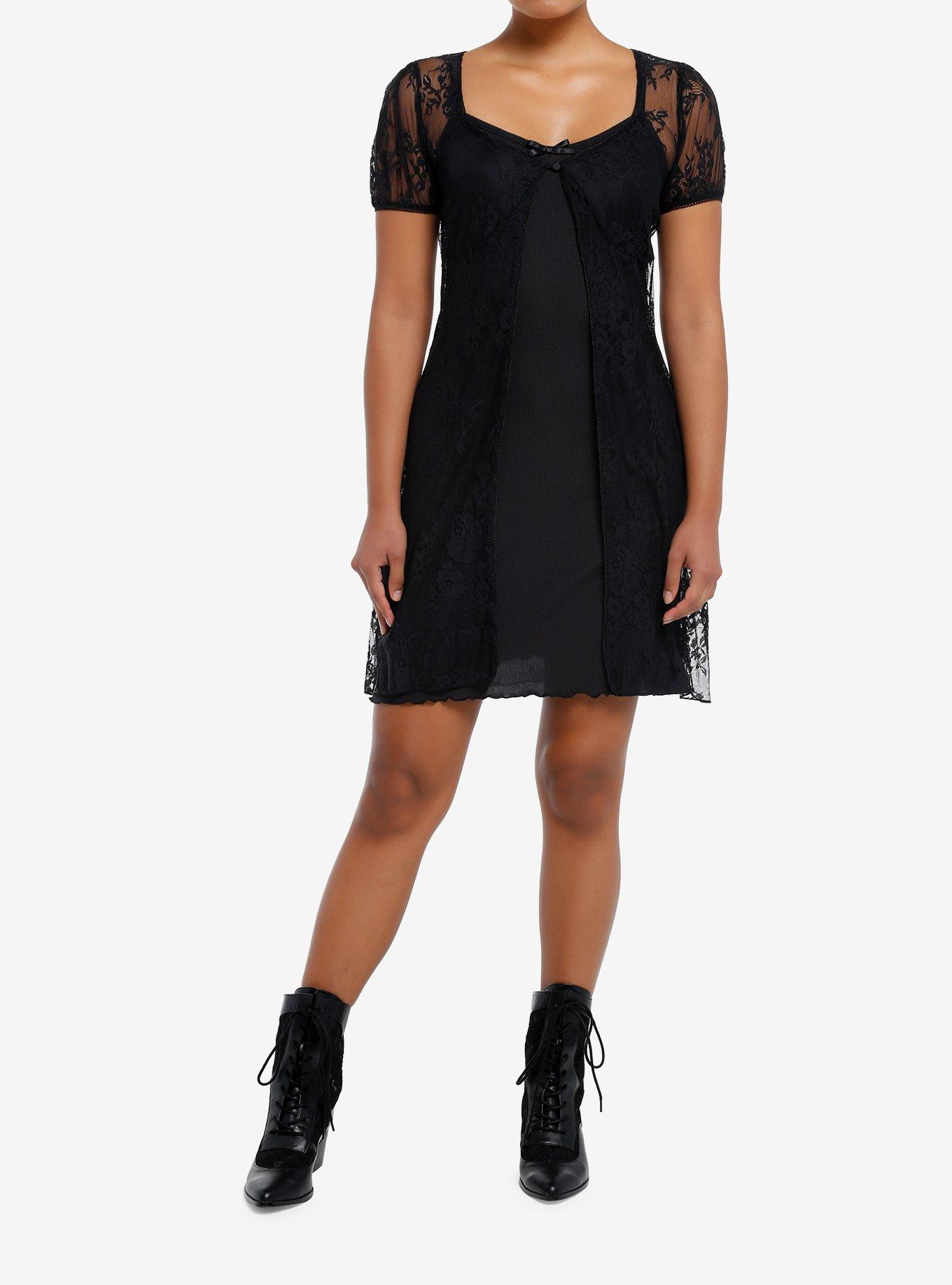 Cosmic Aura Open Front Black Lace Dress, BLACK, alternate