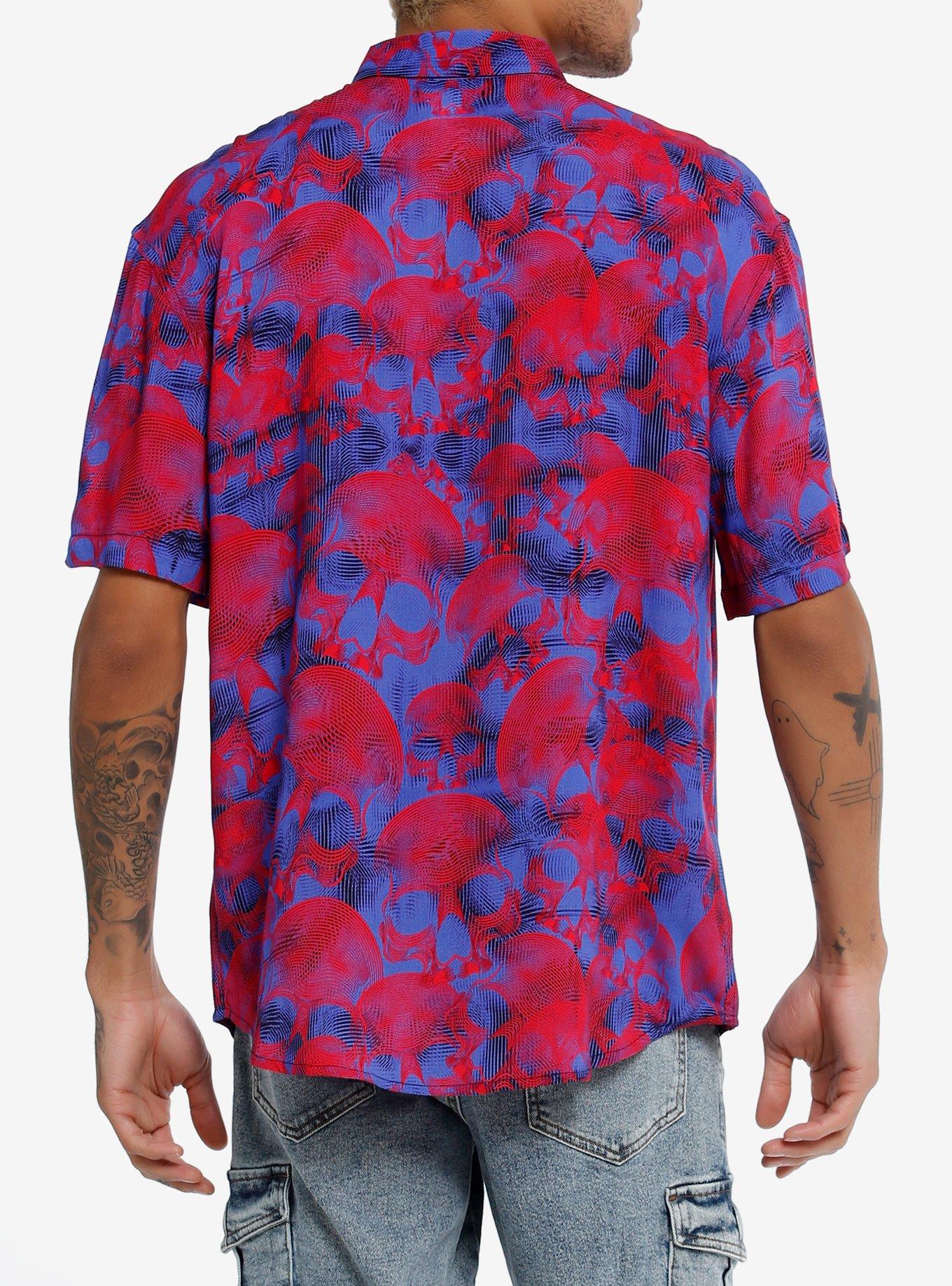 Pink Floating Skulls Woven Button-Up, BLUE, alternate