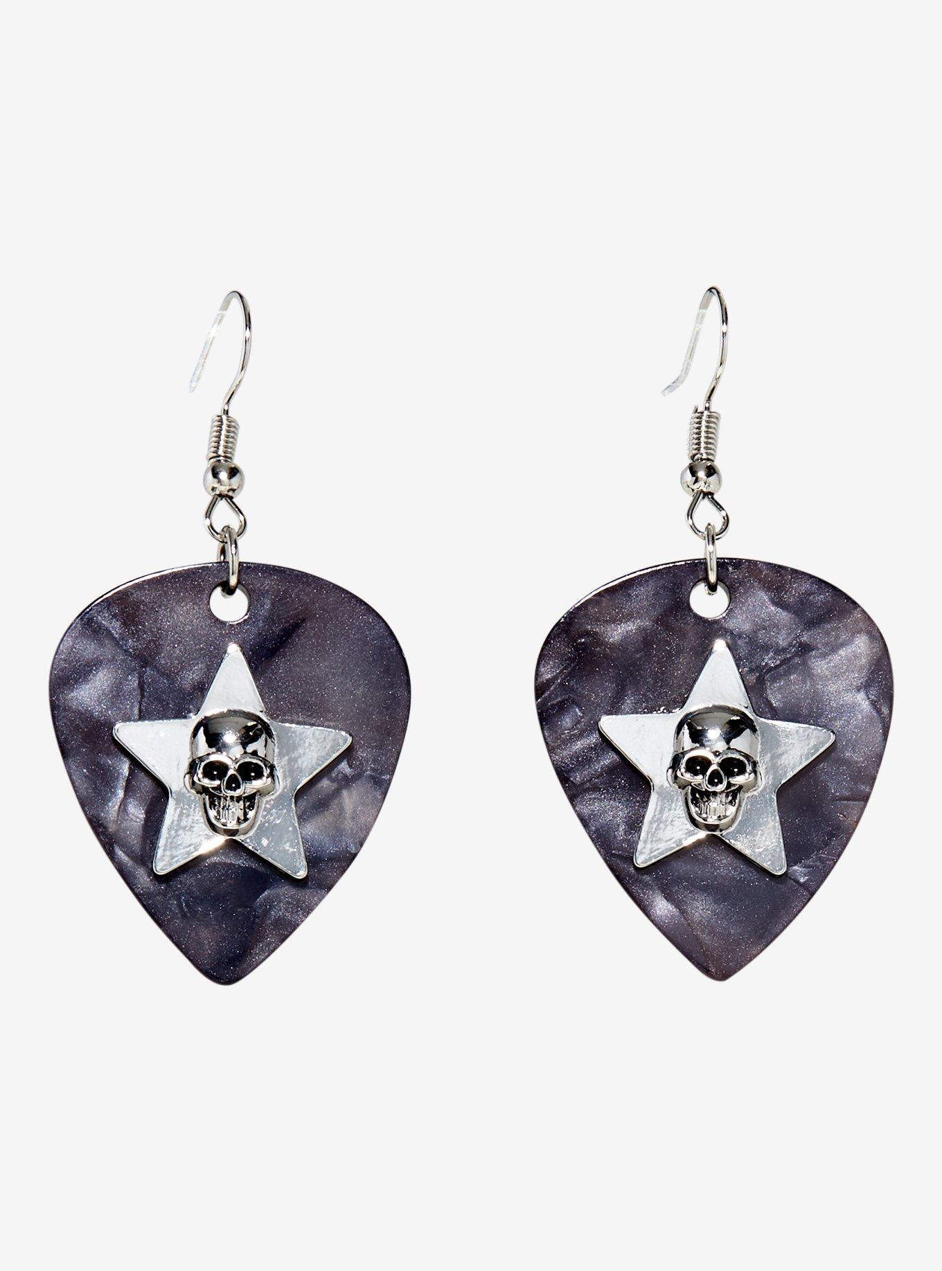 Social Collision&reg; Skull Guitar Pick Drop Earrings, , alternate
