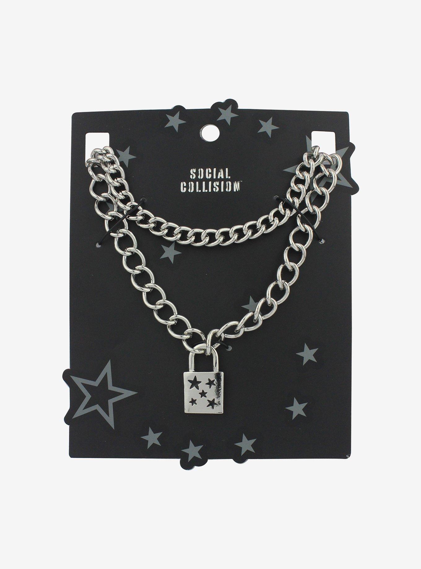 Social Collision Star Padlock Chunky Chain Necklace Set, , hi-res